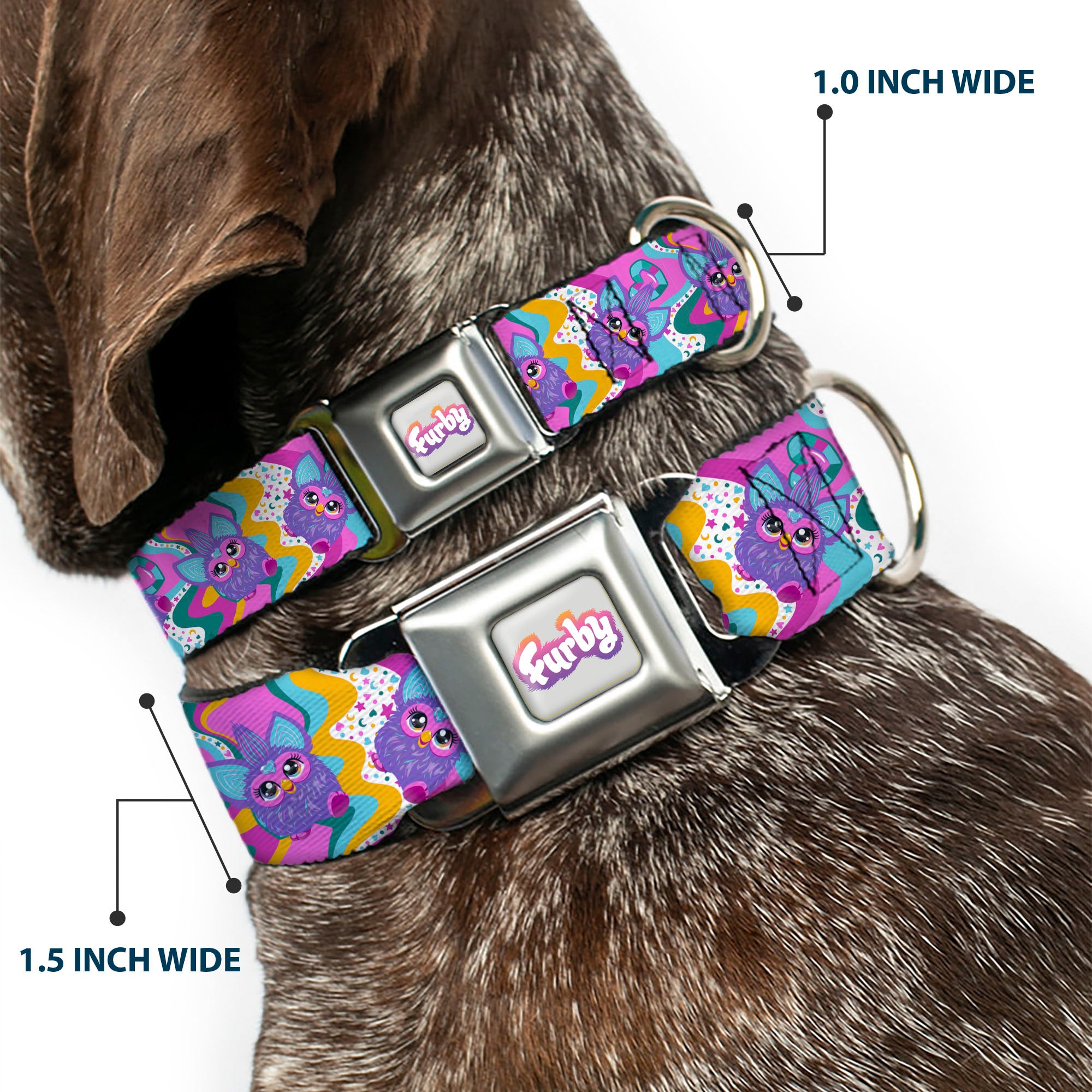 FURBY Logo Full Color Gray/Multi Color Seatbelt Buckle Collar - Furby Purple Dancing Pose Collage Multi Color Seatbelt Buckle Collars Furby