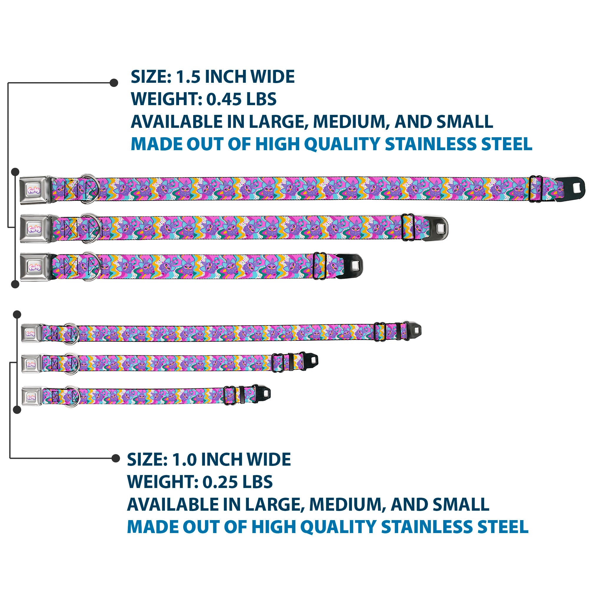 FURBY Logo Full Color Gray/Multi Color Seatbelt Buckle Collar - Furby Purple Dancing Pose Collage Multi Color Seatbelt Buckle Collars Furby