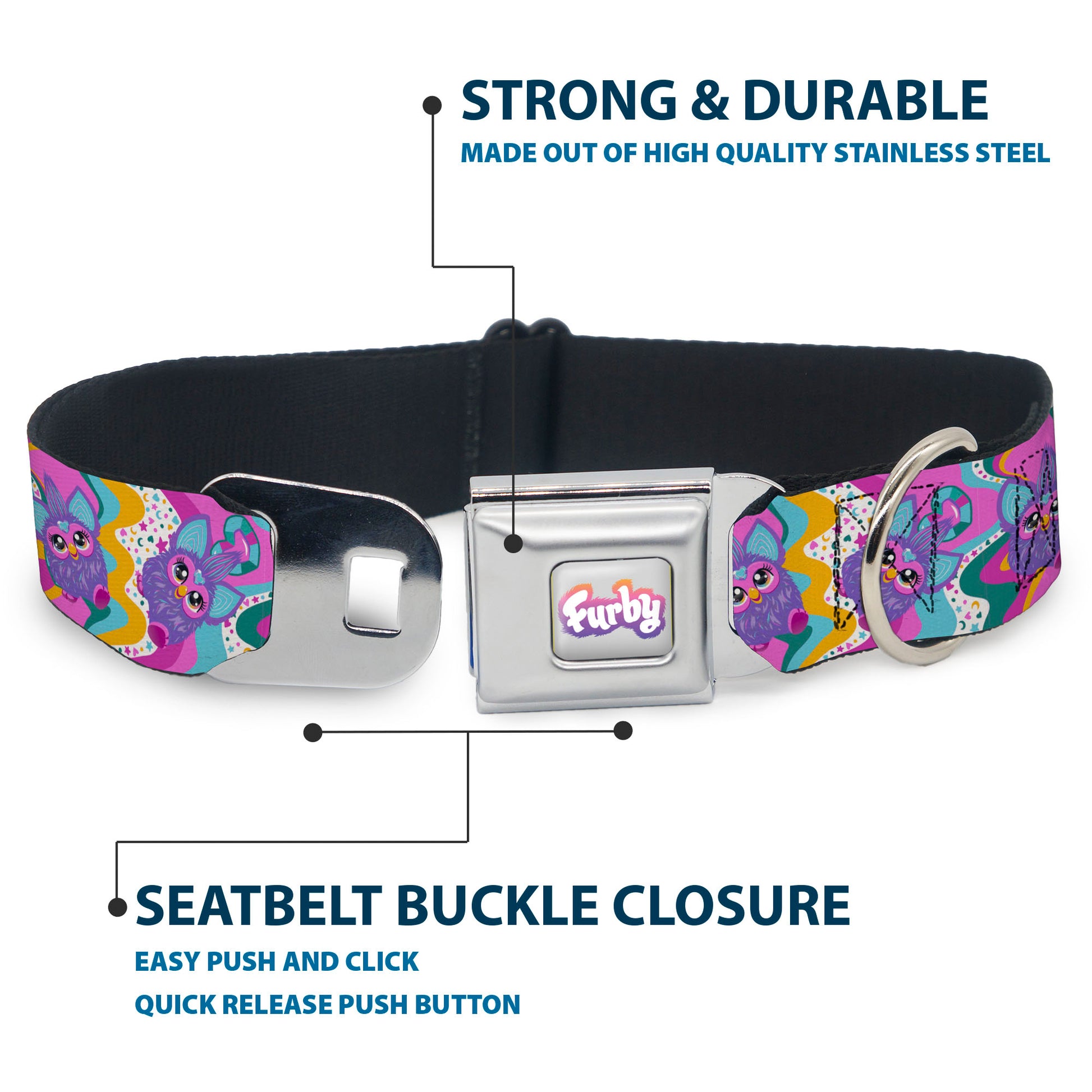 FURBY Logo Full Color Gray/Multi Color Seatbelt Buckle Collar - Furby Purple Dancing Pose Collage Multi Color Seatbelt Buckle Collars Furby
