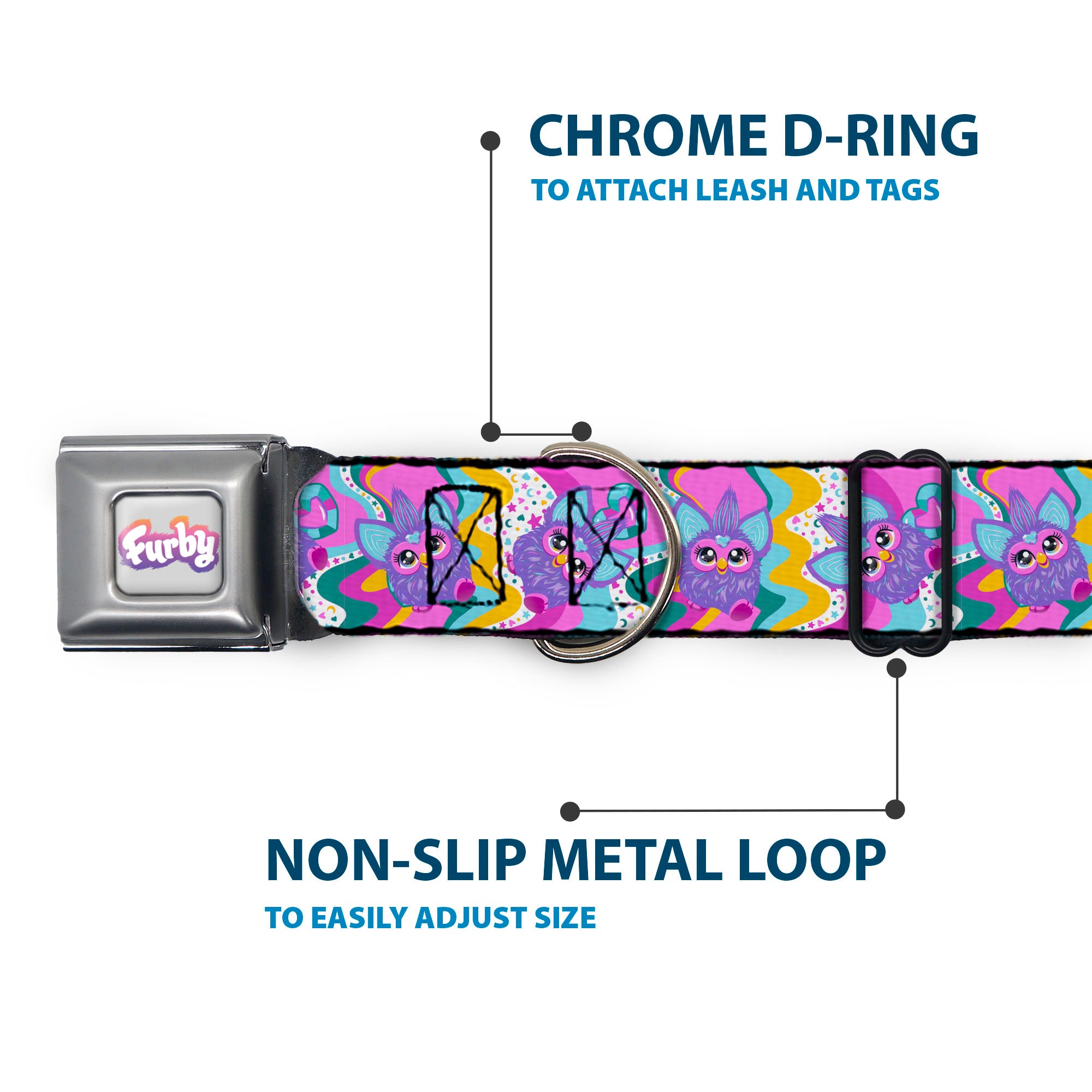 FURBY Logo Full Color Gray/Multi Color Seatbelt Buckle Collar - Furby Purple Dancing Pose Collage Multi Color Seatbelt Buckle Collars Furby