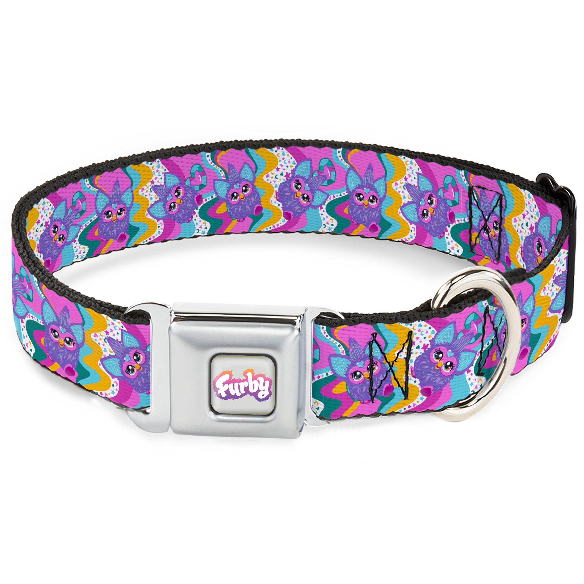 FURBY Logo Full Color Gray/Multi Color Seatbelt Buckle Collar - Furby Purple Dancing Pose Collage Multi Color Seatbelt Buckle Collars Furby