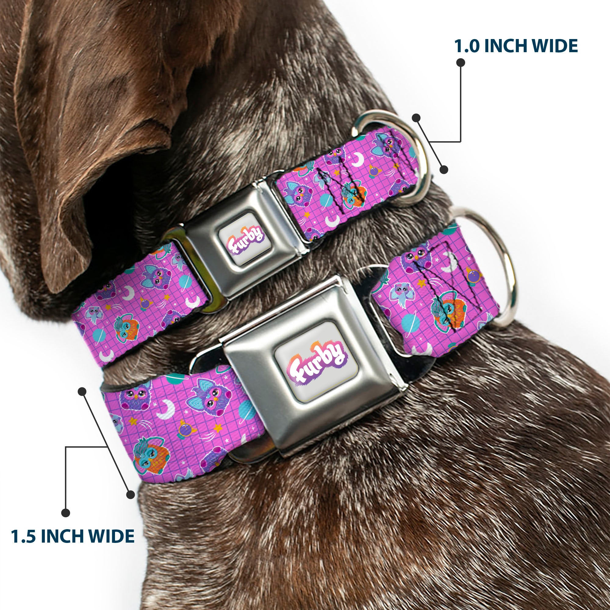 FURBY Logo Full Color Gray/Multi Color Seatbelt Buckle Collar - Furby and Furblets Galaxy Grid Collage Pink/Purple Seatbelt Buckle Collars Furby