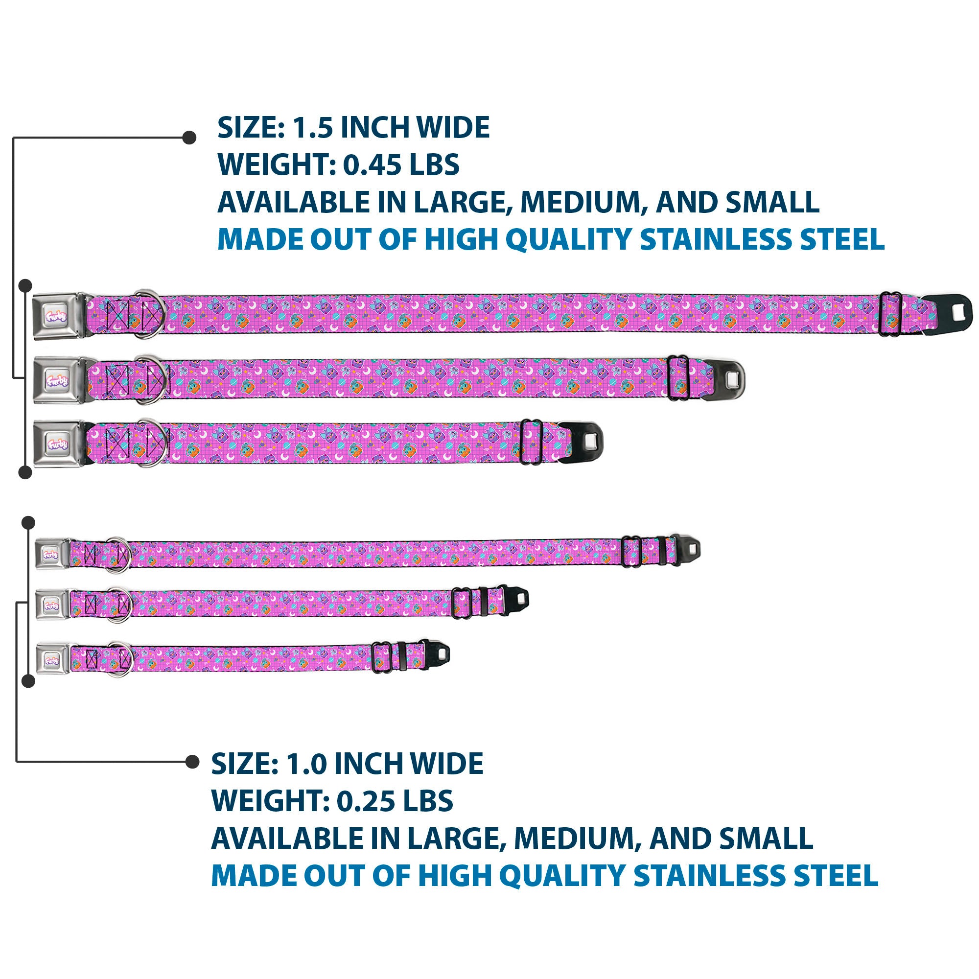 FURBY Logo Full Color Gray/Multi Color Seatbelt Buckle Collar - Furby and Furblets Galaxy Grid Collage Pink/Purple Seatbelt Buckle Collars Furby