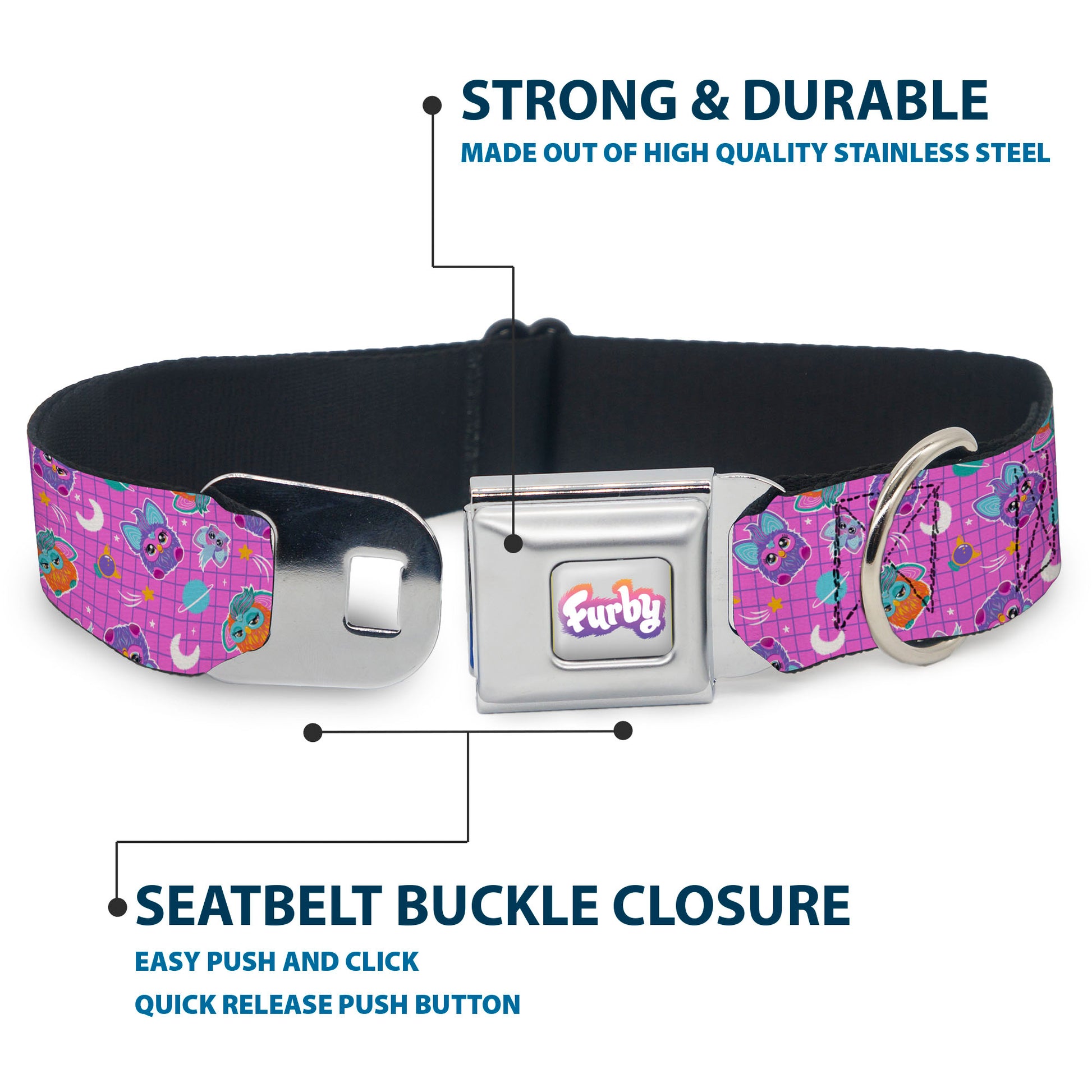 FURBY Logo Full Color Gray/Multi Color Seatbelt Buckle Collar - Furby and Furblets Galaxy Grid Collage Pink/Purple Seatbelt Buckle Collars Furby