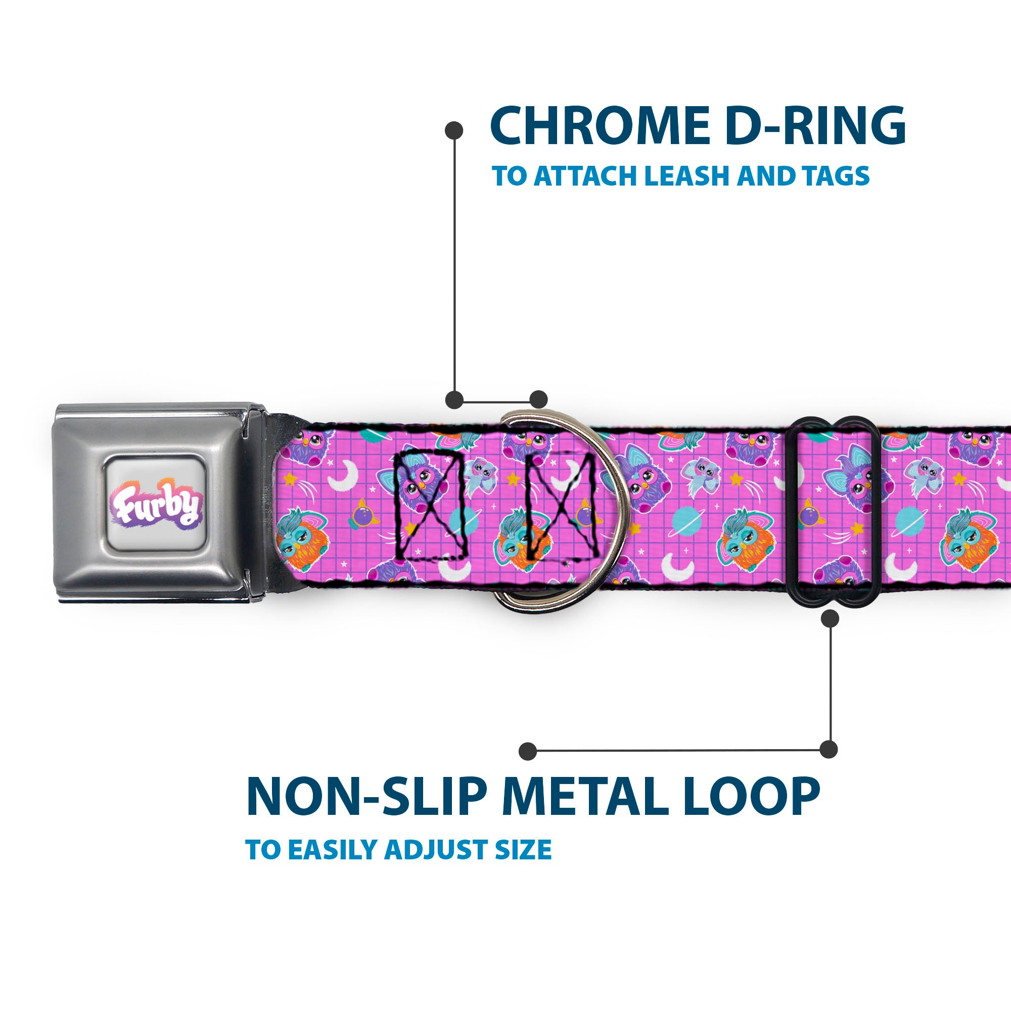 FURBY Logo Full Color Gray/Multi Color Seatbelt Buckle Collar - Furby and Furblets Galaxy Grid Collage Pink/Purple Seatbelt Buckle Collars Furby
