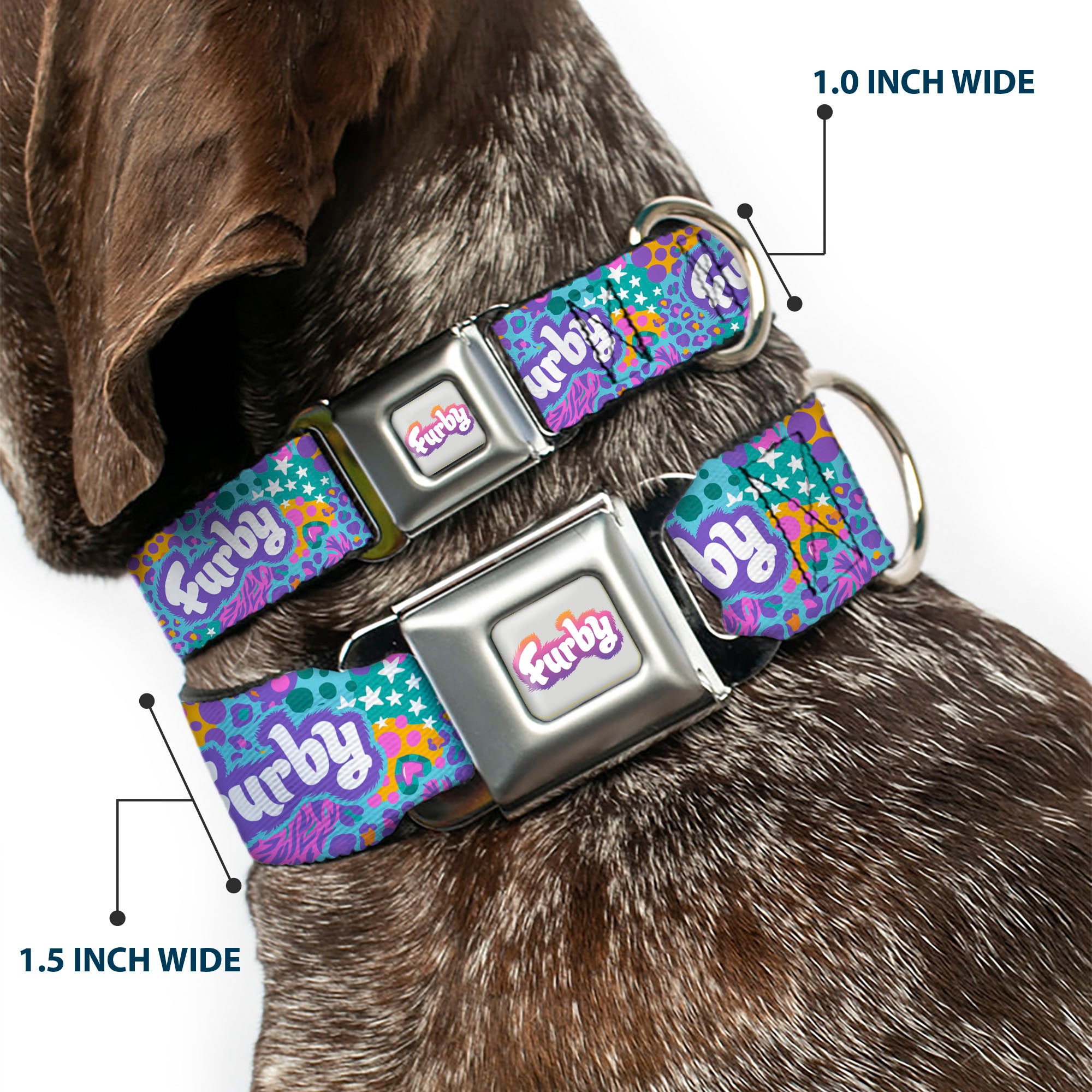 FURBY Logo Full Color Gray/Multi Color Seatbelt Buckle Collar - FURBY Title Logo and Fur Prints Collage Multi Color/White Seatbelt Buckle Collars Furby