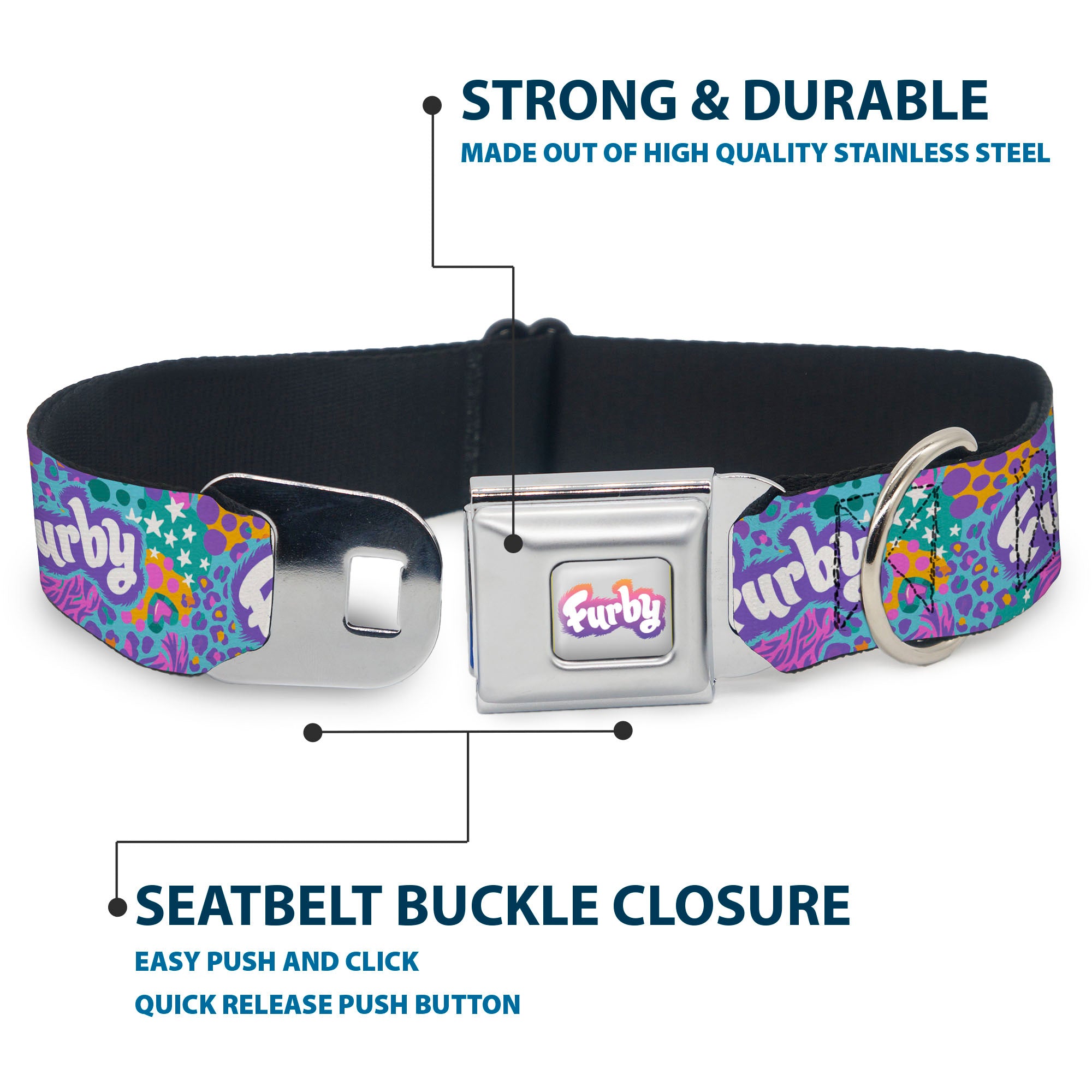 FURBY Logo Full Color Gray/Multi Color Seatbelt Buckle Collar - FURBY Title Logo and Fur Prints Collage Multi Color/White Seatbelt Buckle Collars Furby