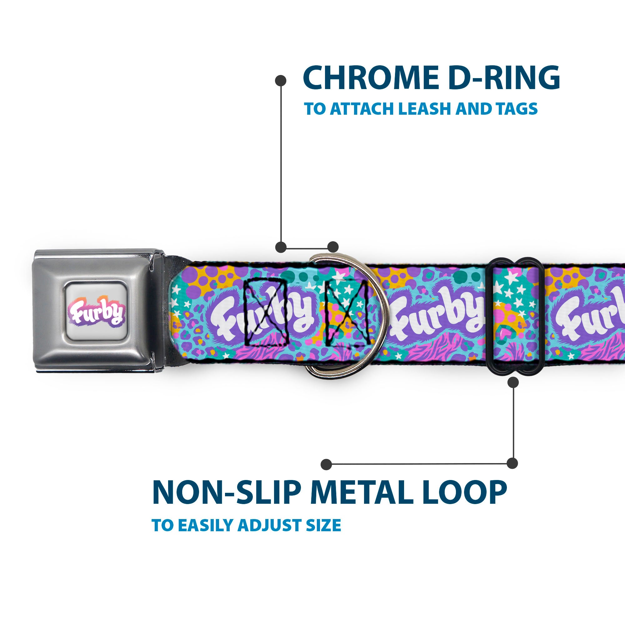 FURBY Logo Full Color Gray/Multi Color Seatbelt Buckle Collar - FURBY Title Logo and Fur Prints Collage Multi Color/White Seatbelt Buckle Collars Furby