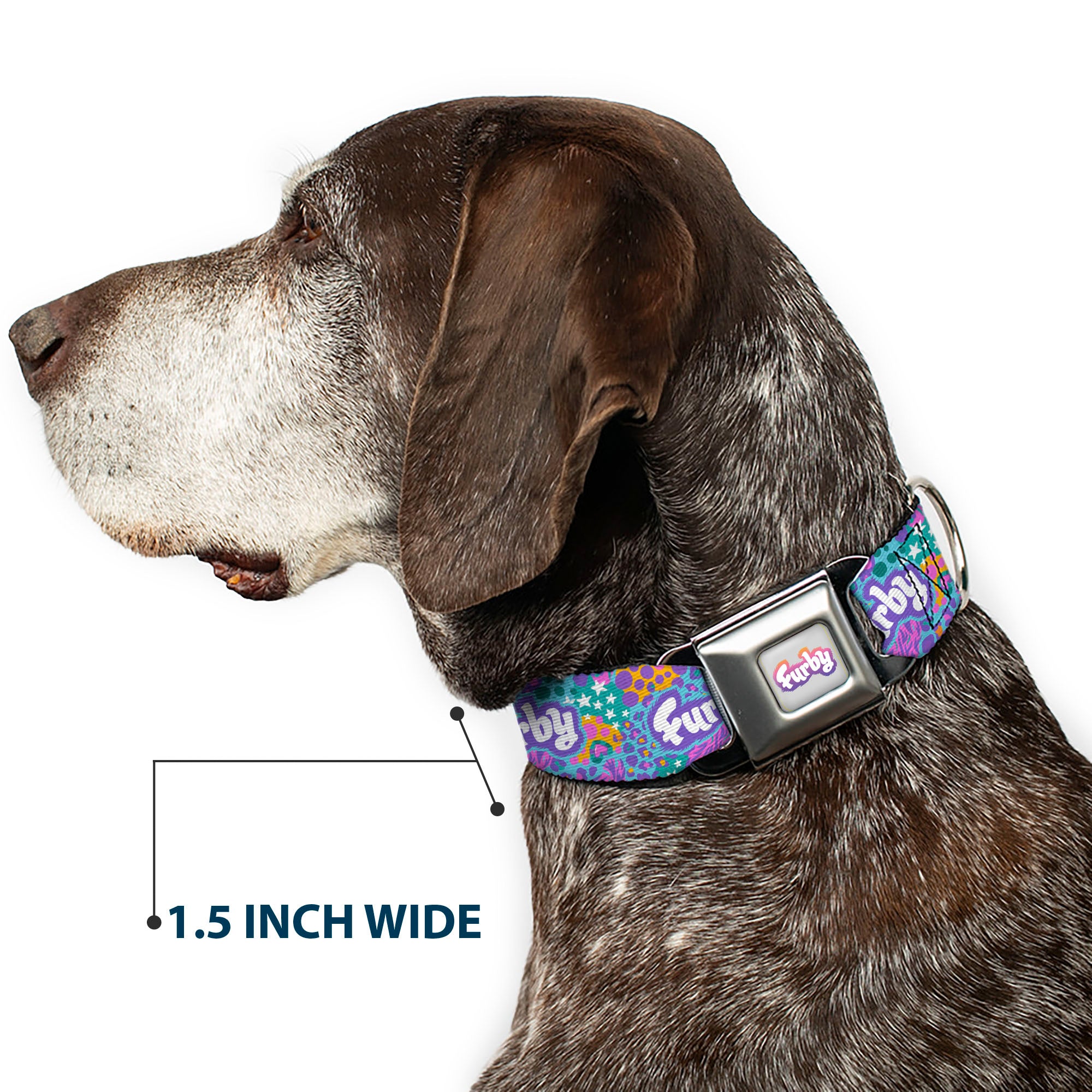 FURBY Logo Full Color Gray/Multi Color Seatbelt Buckle Collar - FURBY Title Logo and Fur Prints Collage Multi Color/White Seatbelt Buckle Collars Furby