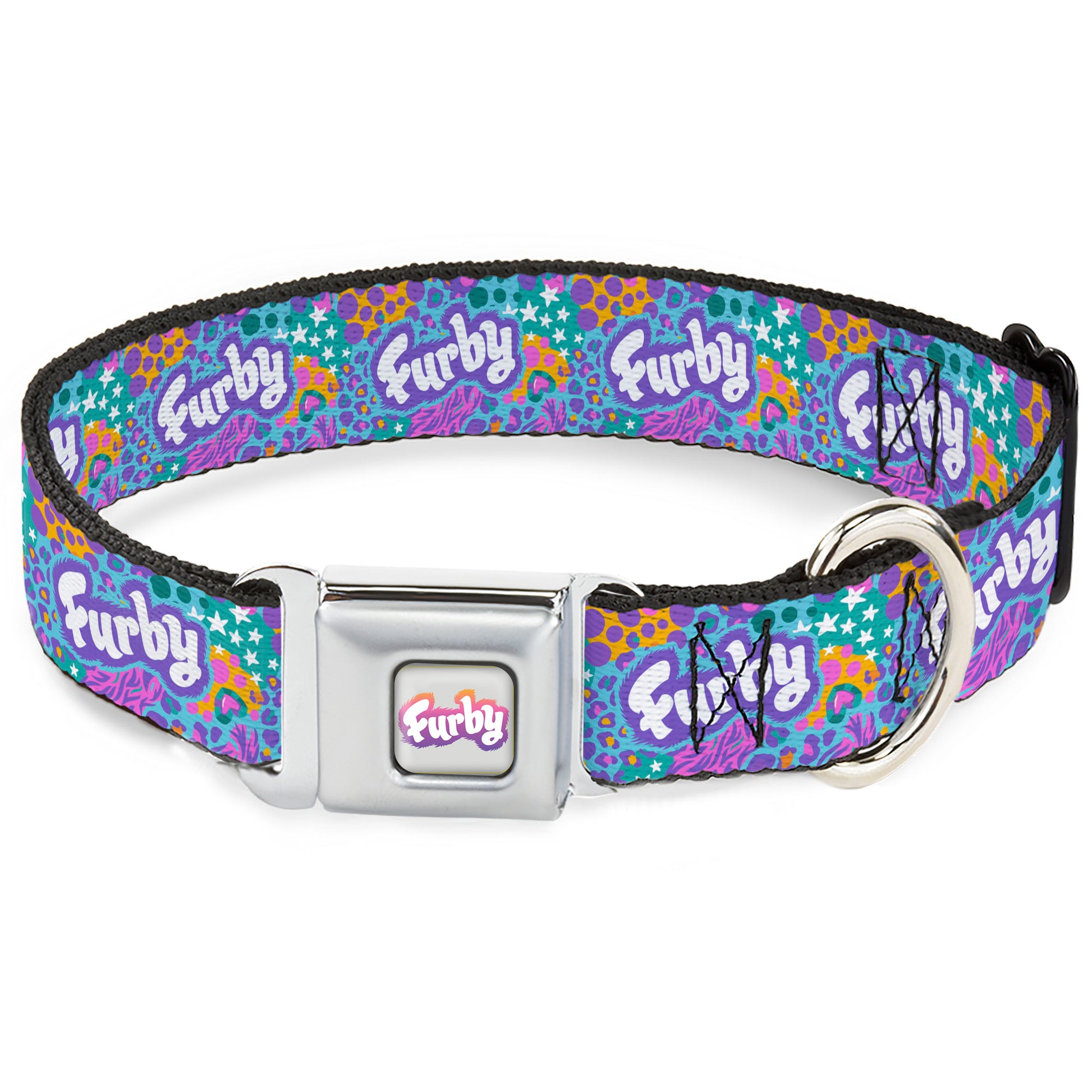 FURBY Logo Full Color Gray/Multi Color Seatbelt Buckle Collar - FURBY Title Logo and Fur Prints Collage Multi Color/White Seatbelt Buckle Collars Furby
