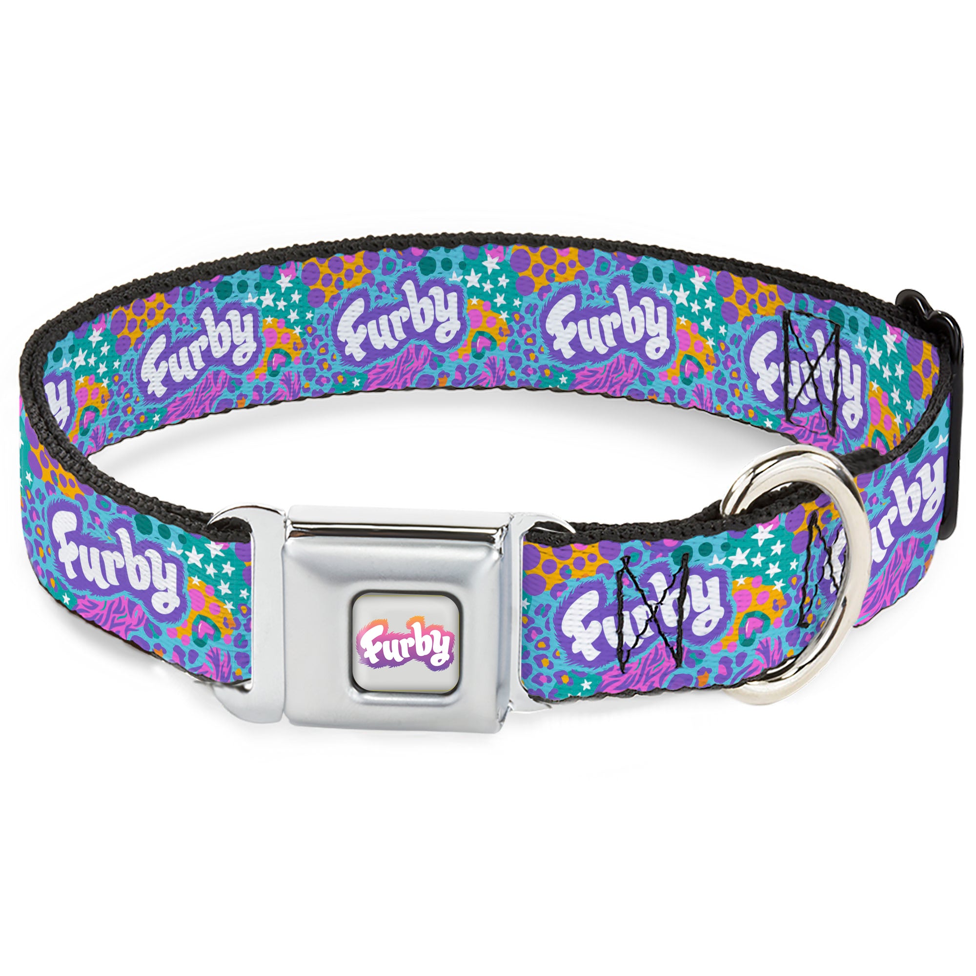 FURBY Logo Full Color Gray/Multi Color Seatbelt Buckle Collar - FURBY Title Logo and Fur Prints Collage Multi Color/White Seatbelt Buckle Collars Furby