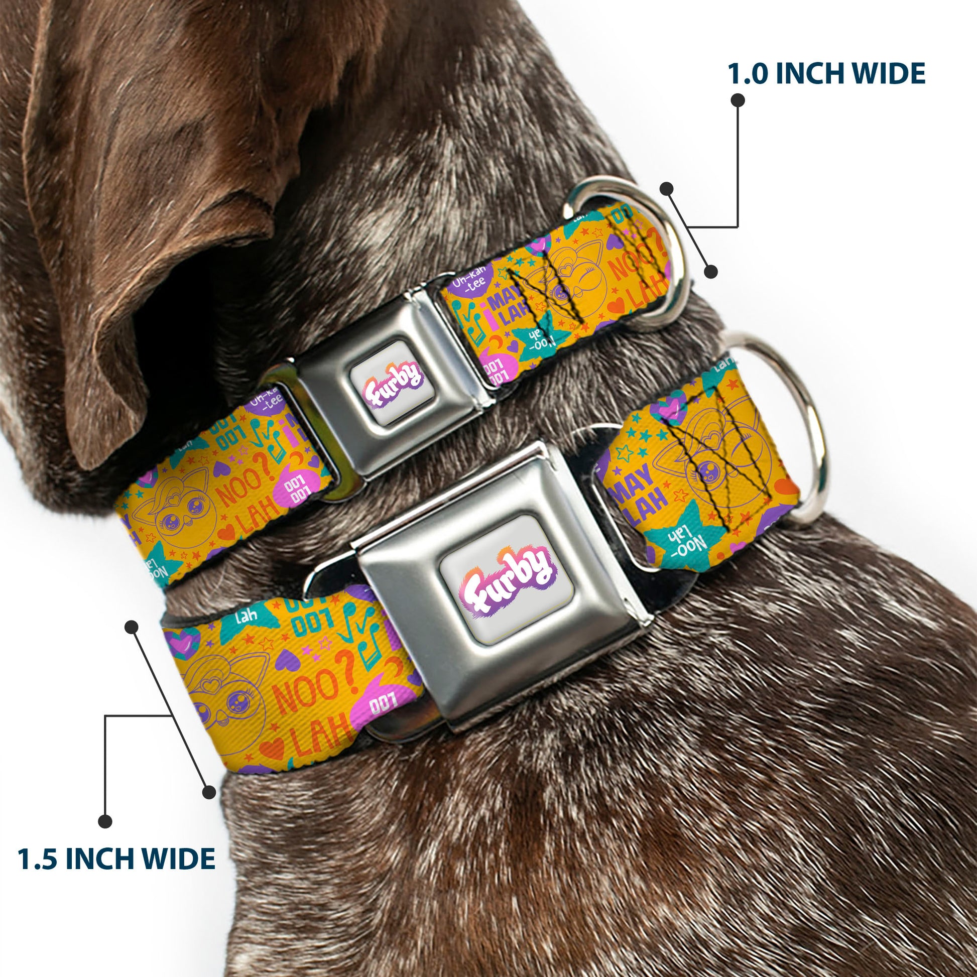 FURBY Logo Full Color Gray/Multi Color Seatbelt Buckle Collar - Furby Furbmoji and Furbish Phrases and Icons Orange/Pink/Purple Seatbelt Buckle Collars Furby