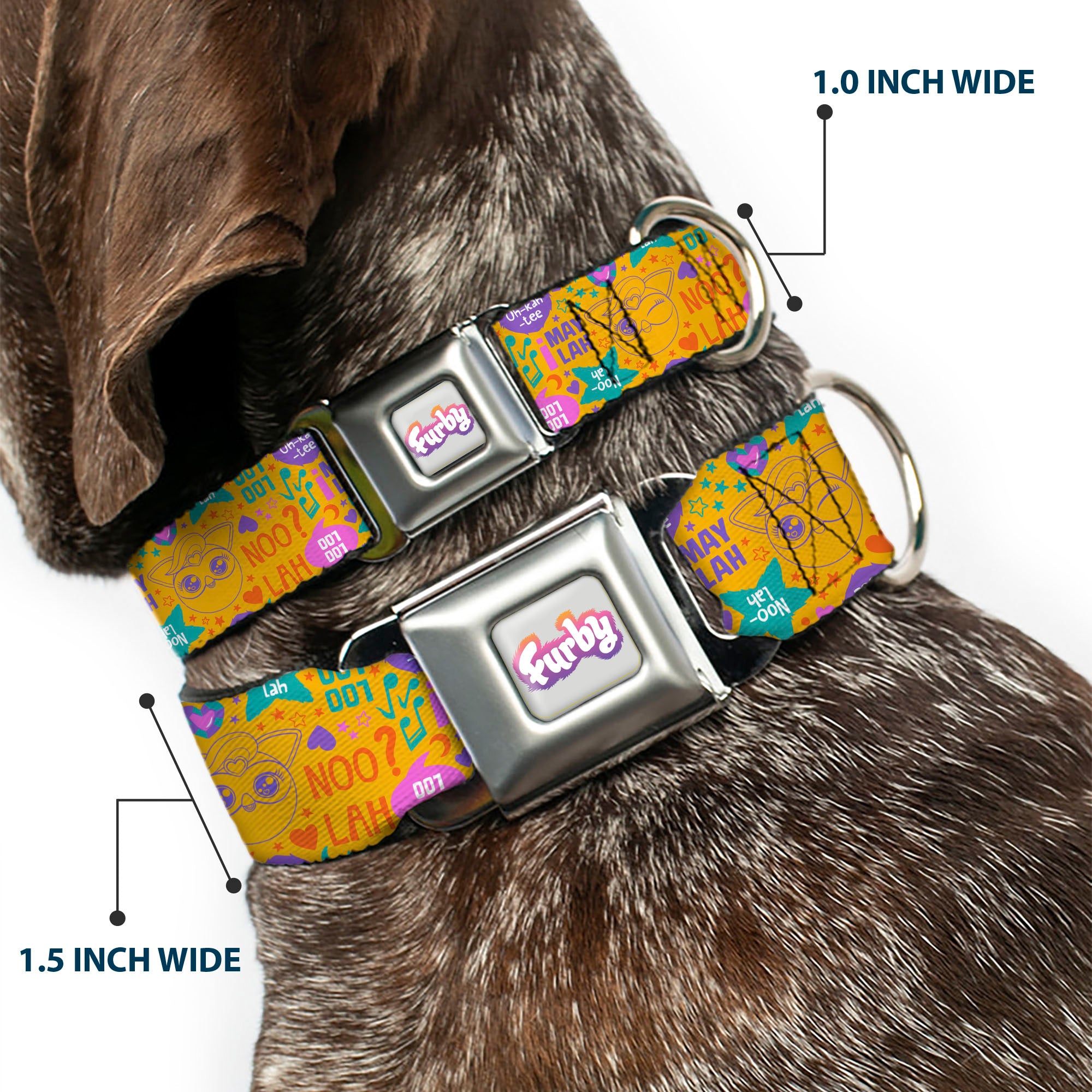 FURBY Logo Full Color Gray/Multi Color Seatbelt Buckle Collar - Furby Furbmoji and Furbish Phrases and Icons Orange/Pink/Purple Seatbelt Buckle Collars Furby