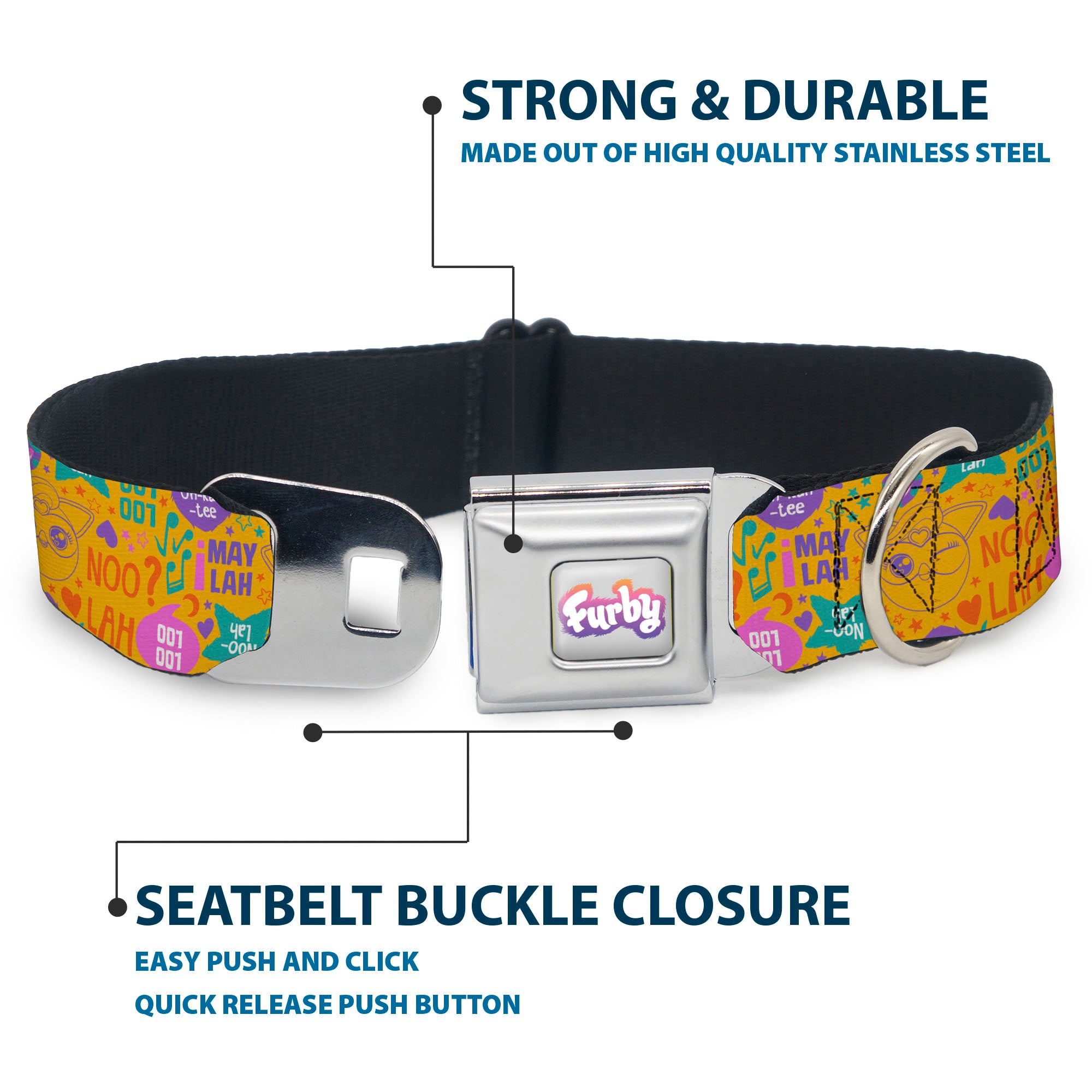 FURBY Logo Full Color Gray/Multi Color Seatbelt Buckle Collar - Furby Furbmoji and Furbish Phrases and Icons Orange/Pink/Purple Seatbelt Buckle Collars Furby