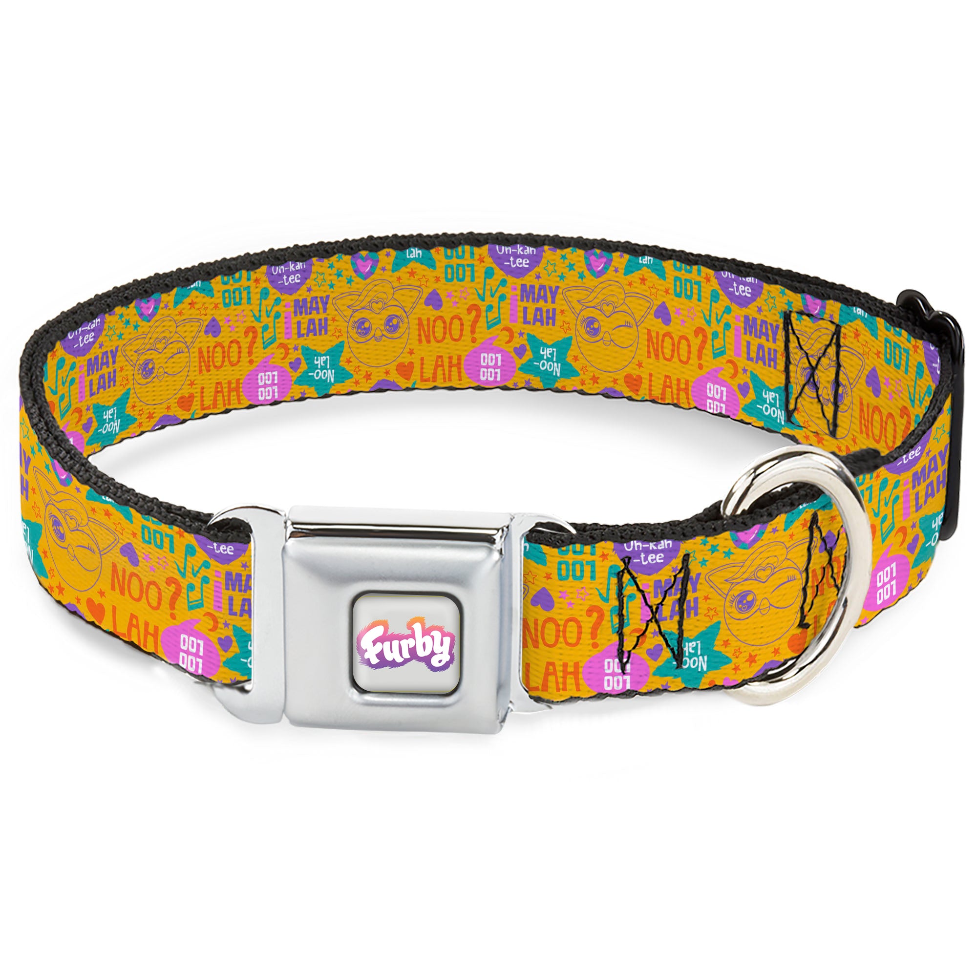 FURBY Logo Full Color Gray/Multi Color Seatbelt Buckle Collar - Furby Furbmoji and Furbish Phrases and Icons Orange/Pink/Purple Seatbelt Buckle Collars Furby