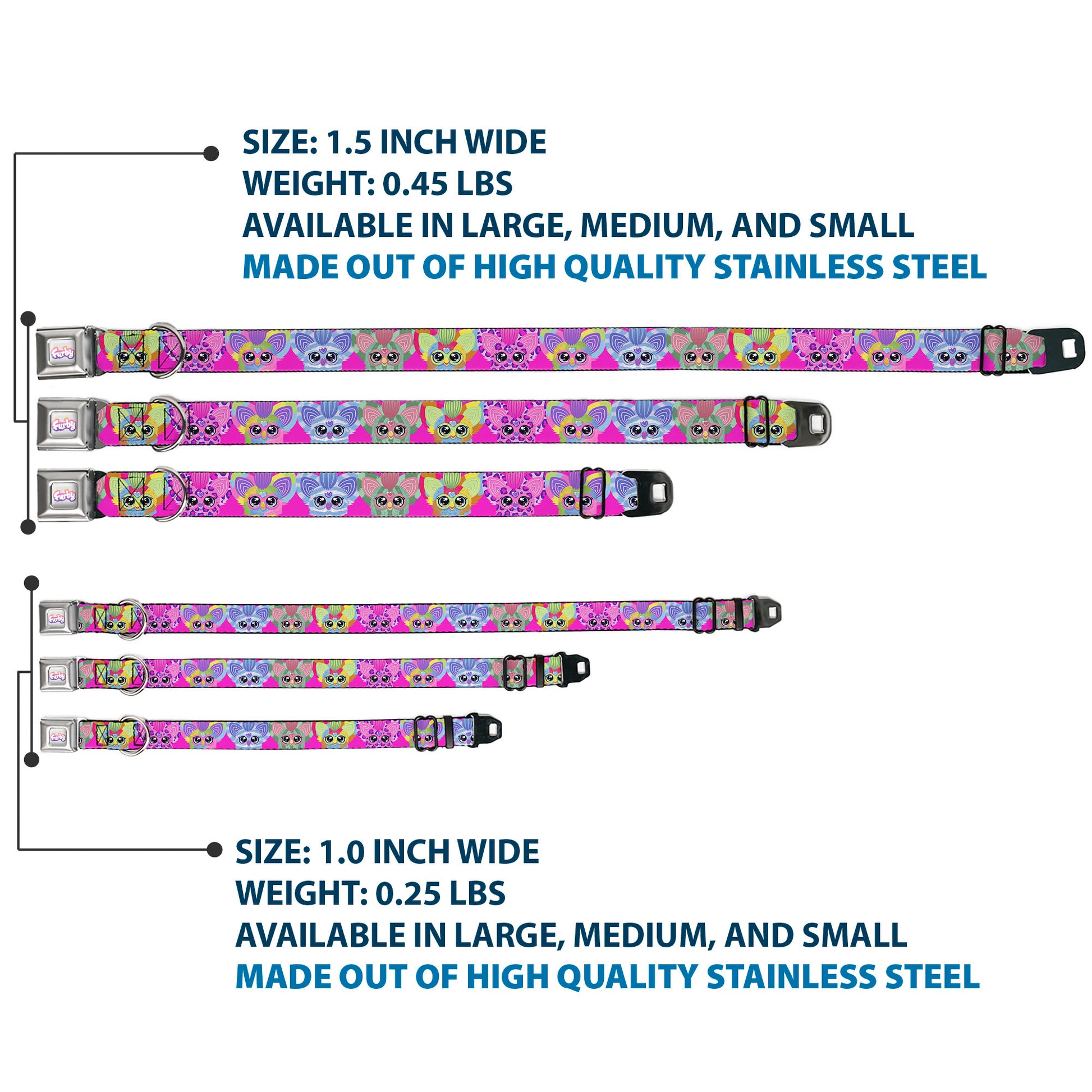 FURBY Logo Full Color Gray/Multi Color Seatbelt Buckle Collar - Furby Five Furblets Faces Pink Seatbelt Buckle Collars Furby