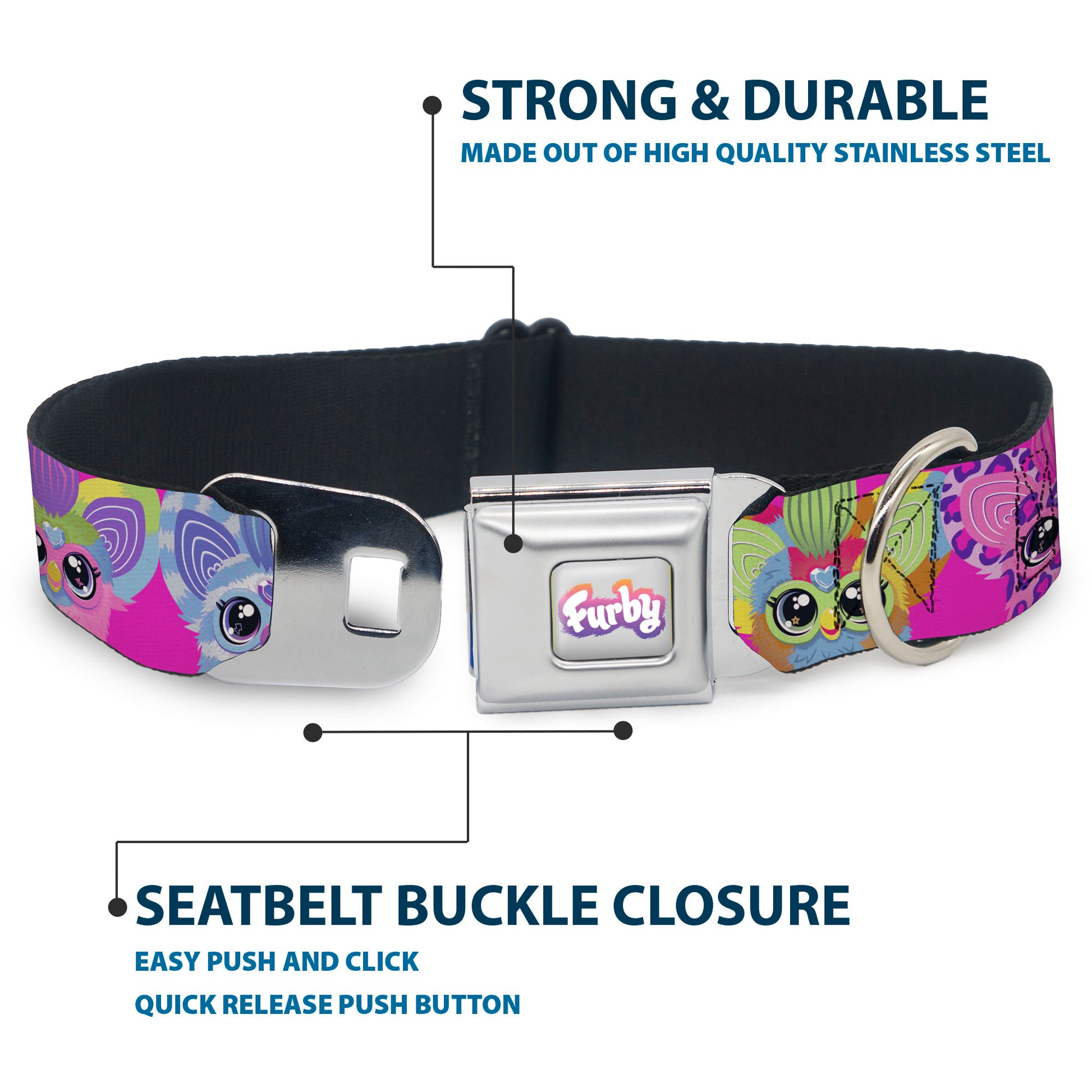 FURBY Logo Full Color Gray/Multi Color Seatbelt Buckle Collar - Furby Five Furblets Faces Pink Seatbelt Buckle Collars Furby