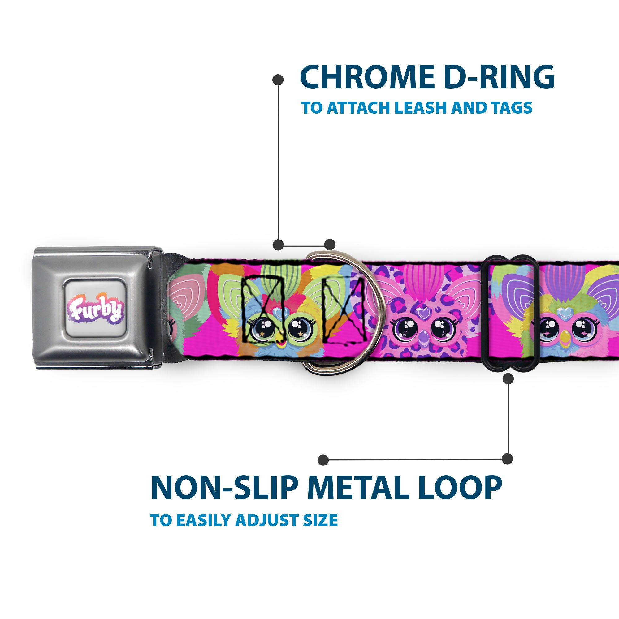 FURBY Logo Full Color Gray/Multi Color Seatbelt Buckle Collar - Furby Five Furblets Faces Pink Seatbelt Buckle Collars Furby