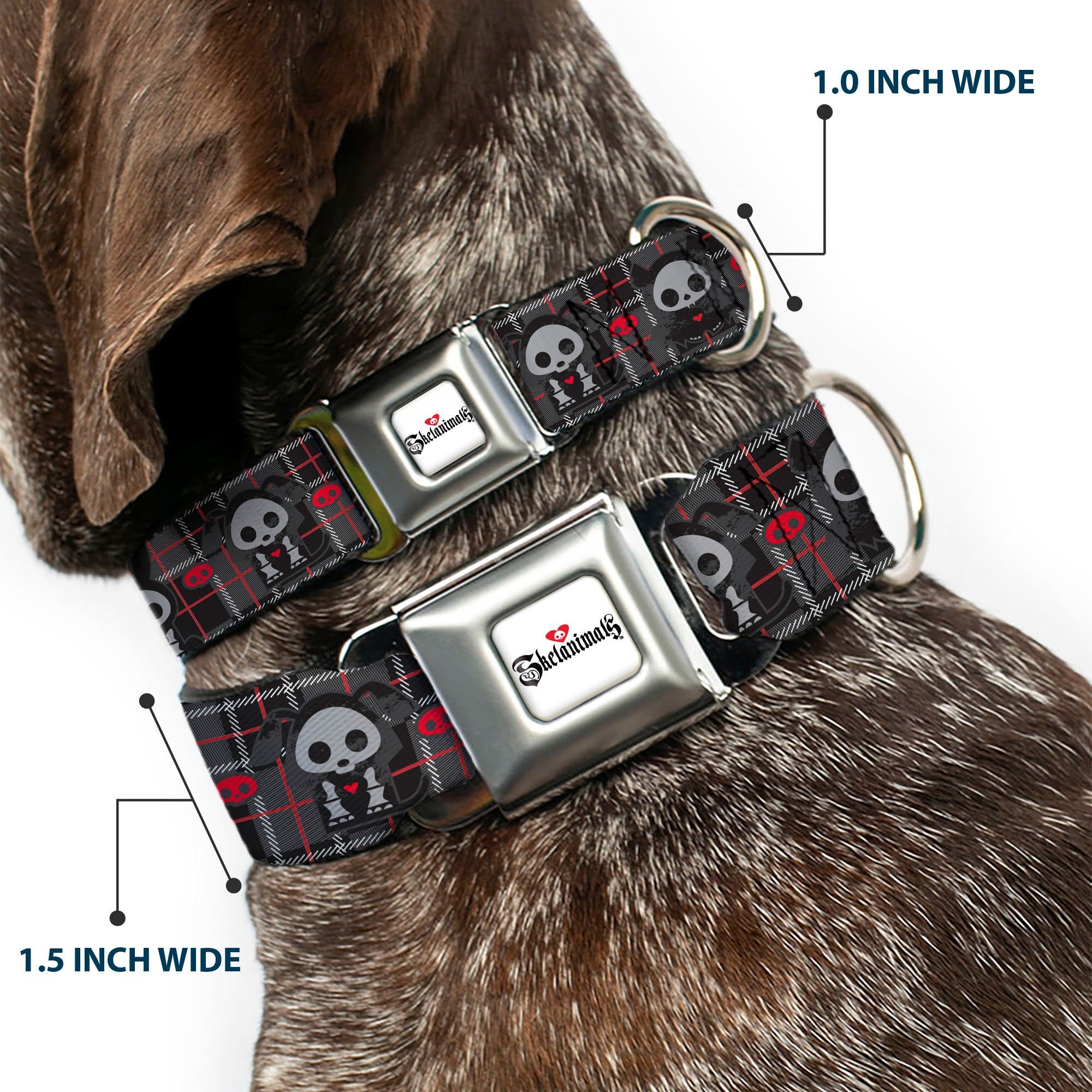 SKELANIMALS Title Logo Full Color White/Red/Black Seatbelt Buckle Collar - Skelanimals Five Animals and Face Logo Plaid Black/Red/White Seatbelt Buckle Collars Skelanimals