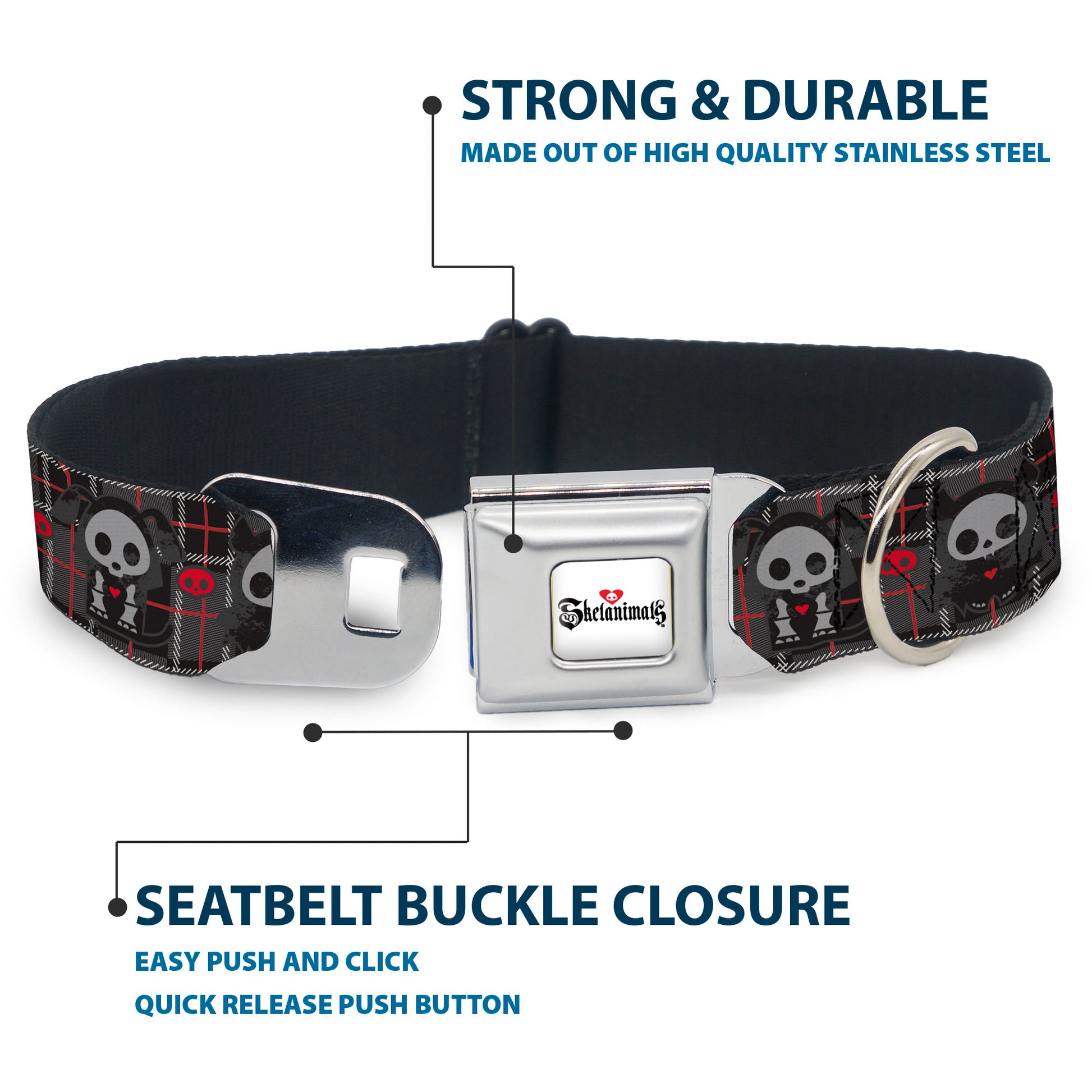 SKELANIMALS Title Logo Full Color White/Red/Black Seatbelt Buckle Collar - Skelanimals Five Animals and Face Logo Plaid Black/Red/White Seatbelt Buckle Collars Skelanimals