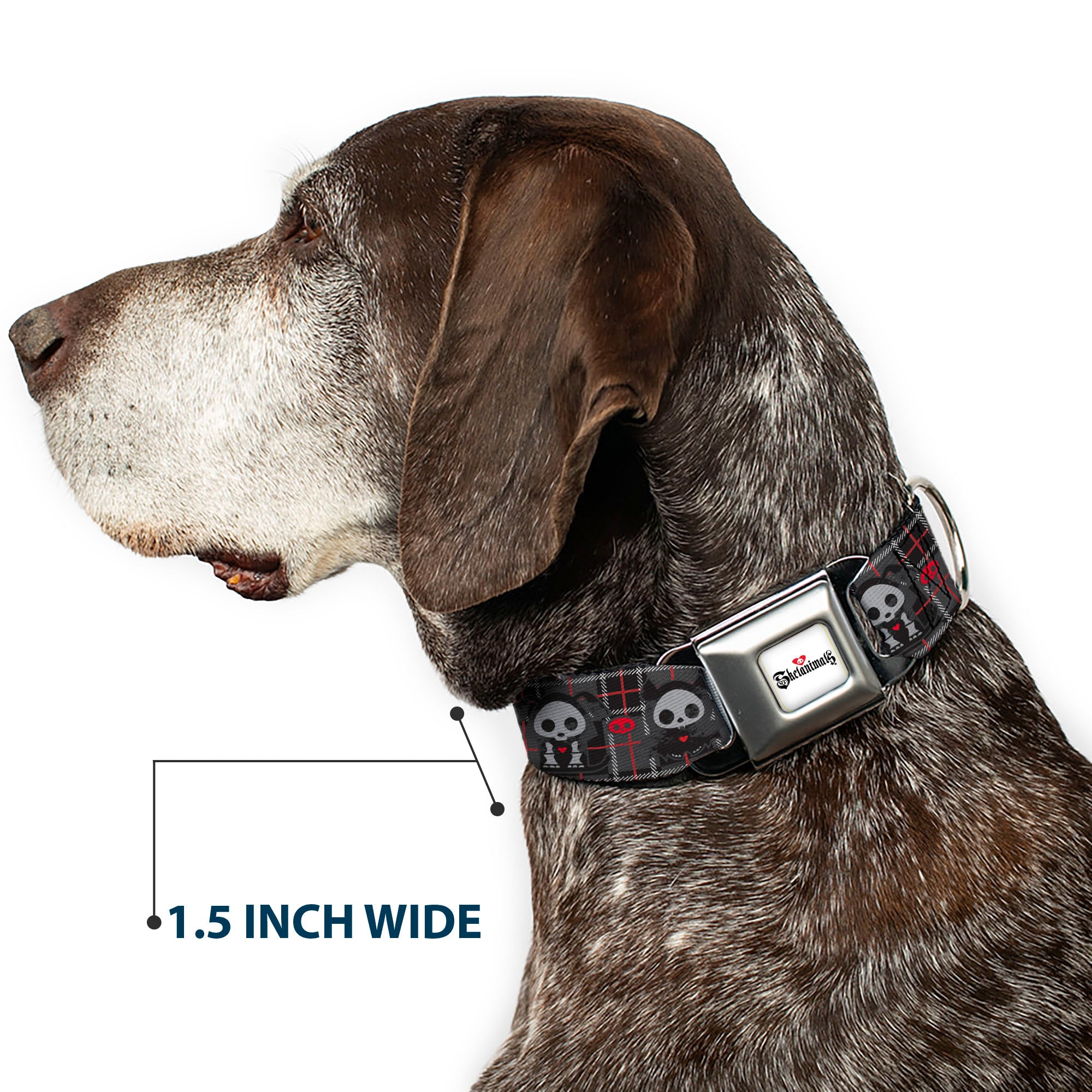 SKELANIMALS Title Logo Full Color White/Red/Black Seatbelt Buckle Collar - Skelanimals Five Animals and Face Logo Plaid Black/Red/White Seatbelt Buckle Collars Skelanimals