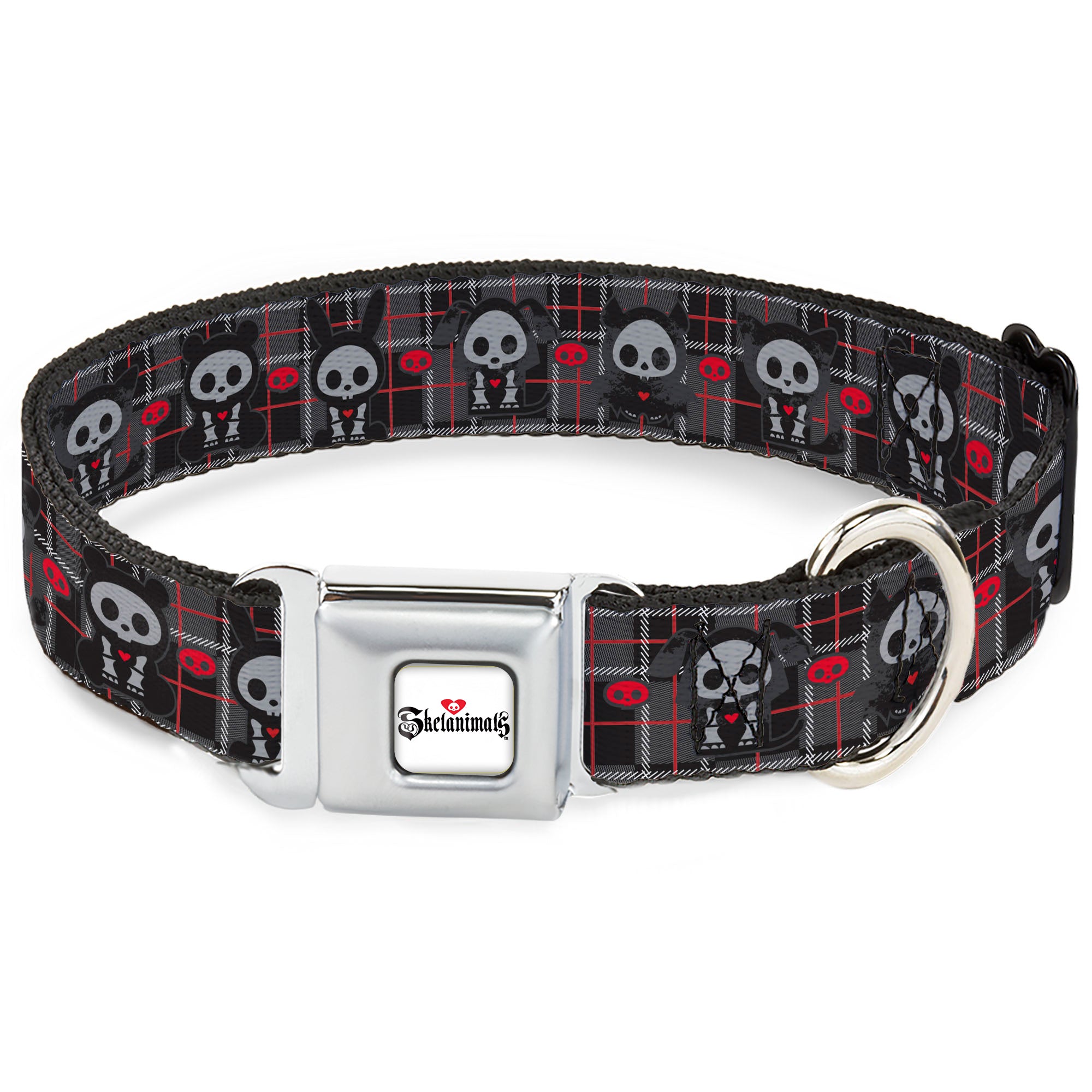 SKELANIMALS Title Logo Full Color White/Red/Black Seatbelt Buckle Collar - Skelanimals Five Animals and Face Logo Plaid Black/Red/White Seatbelt Buckle Collars Skelanimals