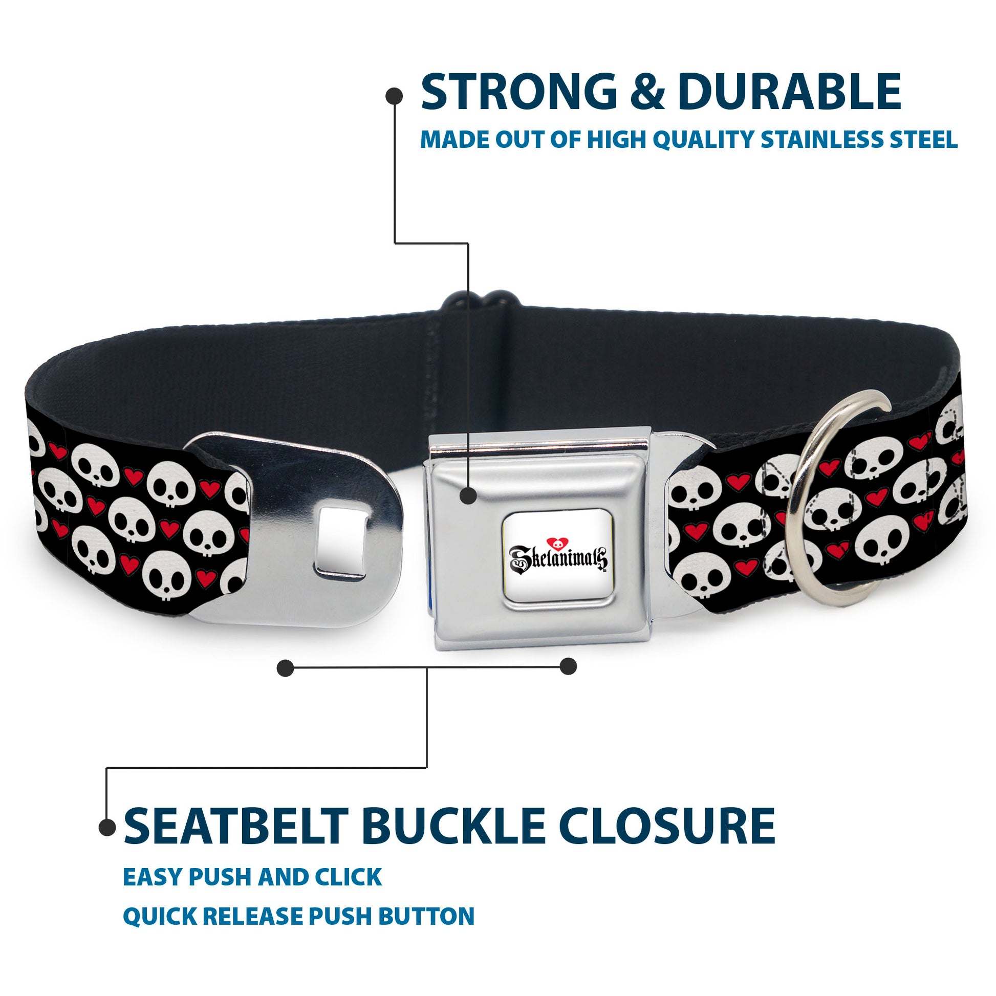 SKELANIMALS Title Logo Full Color White/Red/Black Seatbelt Buckle Collar - Skelanimals Face Logo and Heart Black/White/Red Seatbelt Buckle Collars Skelanimals