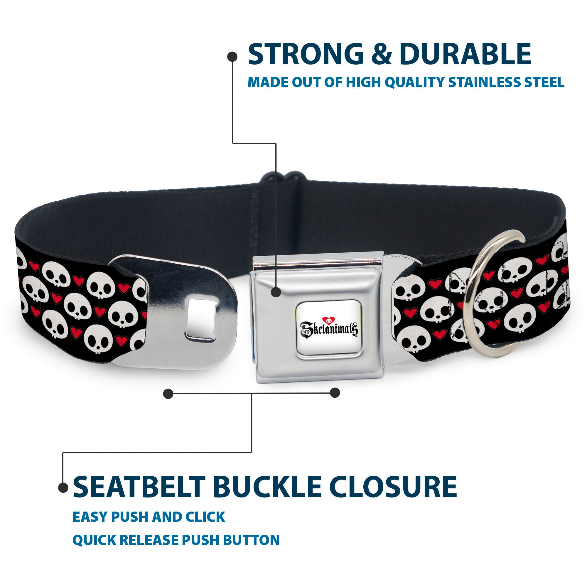 SKELANIMALS Title Logo Full Color White/Red/Black Seatbelt Buckle Collar - Skelanimals Face Logo and Heart Black/White/Red Seatbelt Buckle Collars Skelanimals