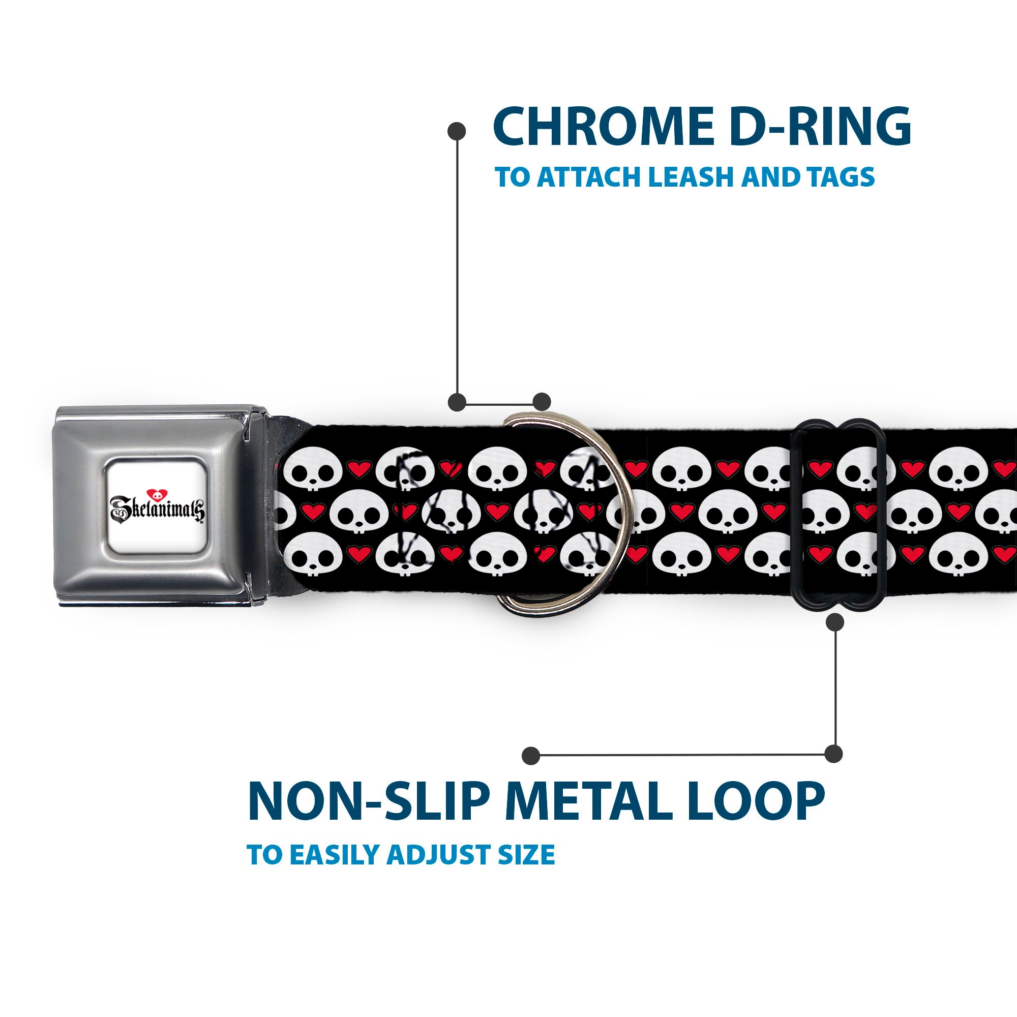 SKELANIMALS Title Logo Full Color White/Red/Black Seatbelt Buckle Collar - Skelanimals Face Logo and Heart Black/White/Red Seatbelt Buckle Collars Skelanimals