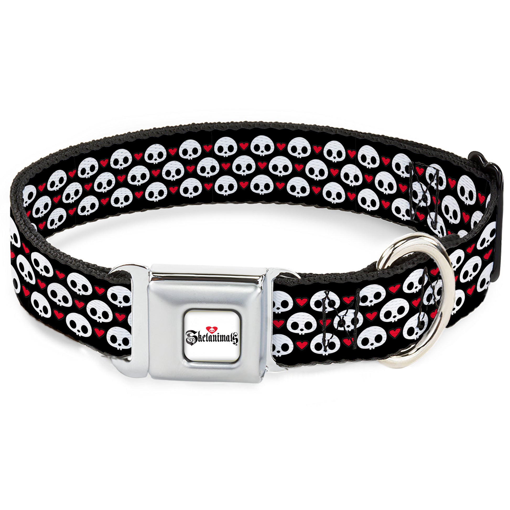 SKELANIMALS Title Logo Full Color White/Red/Black Seatbelt Buckle Collar - Skelanimals Face Logo and Heart Black/White/Red Seatbelt Buckle Collars Skelanimals