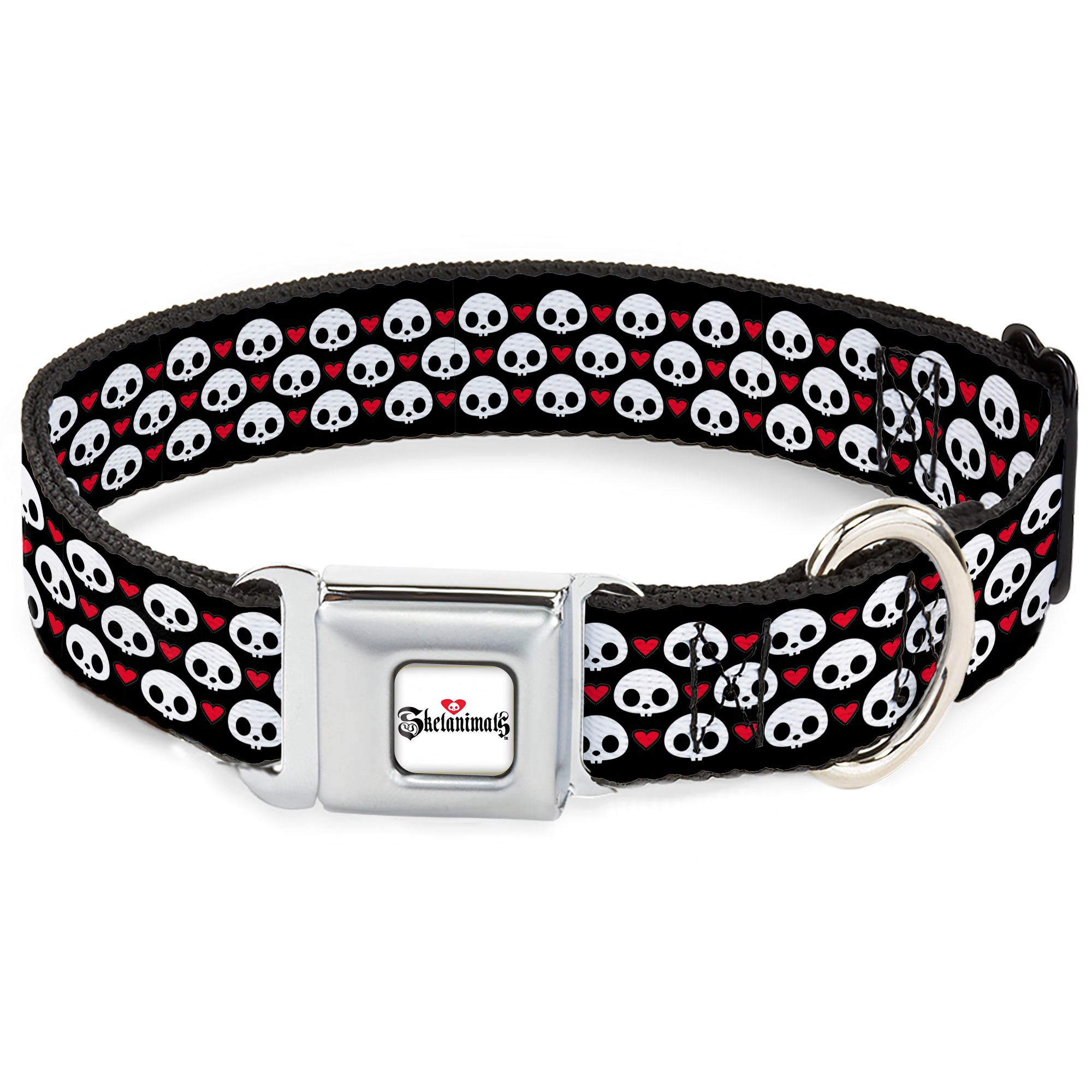 SKELANIMALS Title Logo Full Color White/Red/Black Seatbelt Buckle Collar - Skelanimals Face Logo and Heart Black/White/Red Seatbelt Buckle Collars Skelanimals