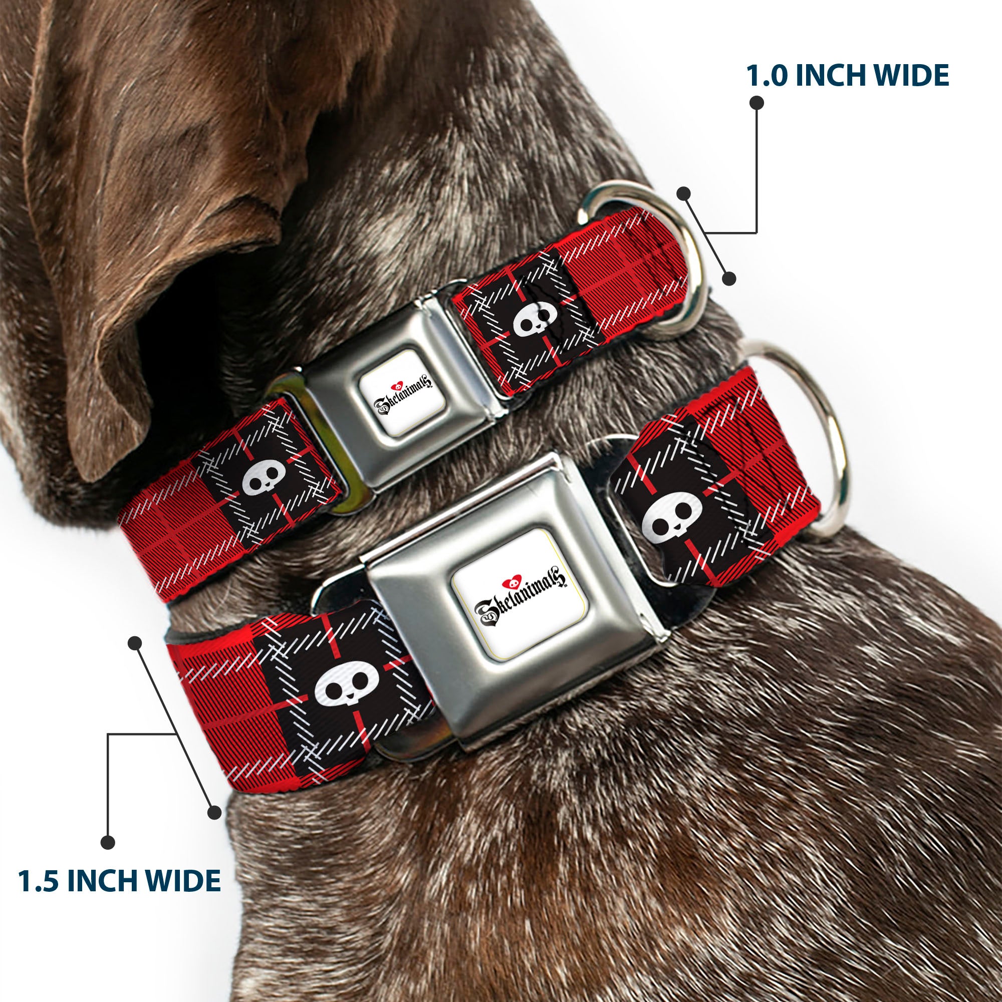 SKELANIMALS Title Logo Full Color White/Red/Black Seatbelt Buckle Collar - Skelanimals Face Logo Plaid Red/Black/White Seatbelt Buckle Collars Skelanimals