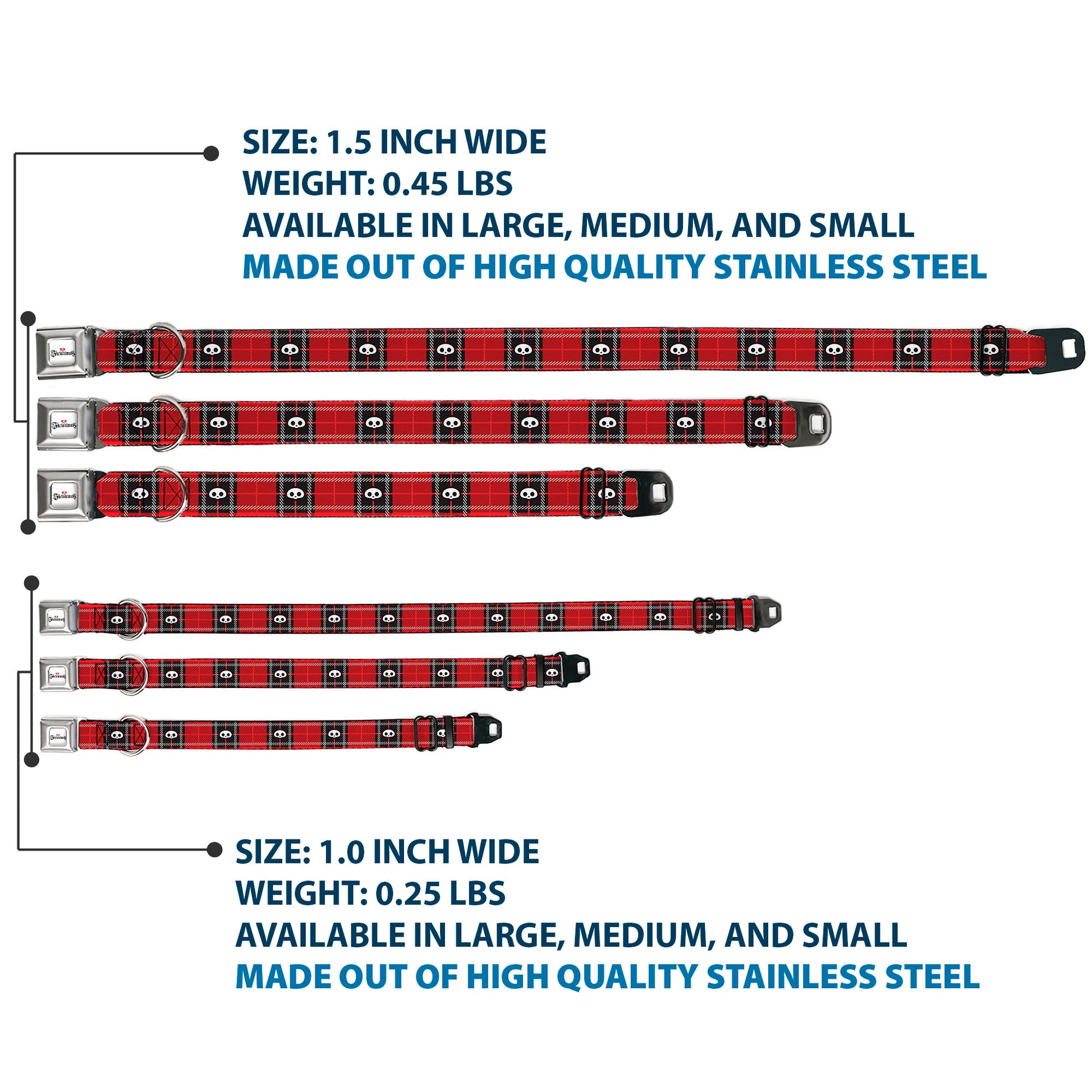 SKELANIMALS Title Logo Full Color White/Red/Black Seatbelt Buckle Collar - Skelanimals Face Logo Plaid Red/Black/White Seatbelt Buckle Collars Skelanimals
