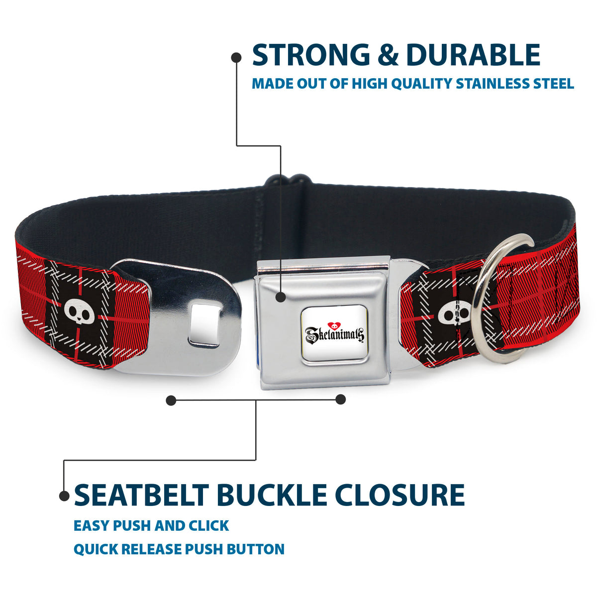 SKELANIMALS Title Logo Full Color White/Red/Black Seatbelt Buckle Collar - Skelanimals Face Logo Plaid Red/Black/White Seatbelt Buckle Collars Skelanimals