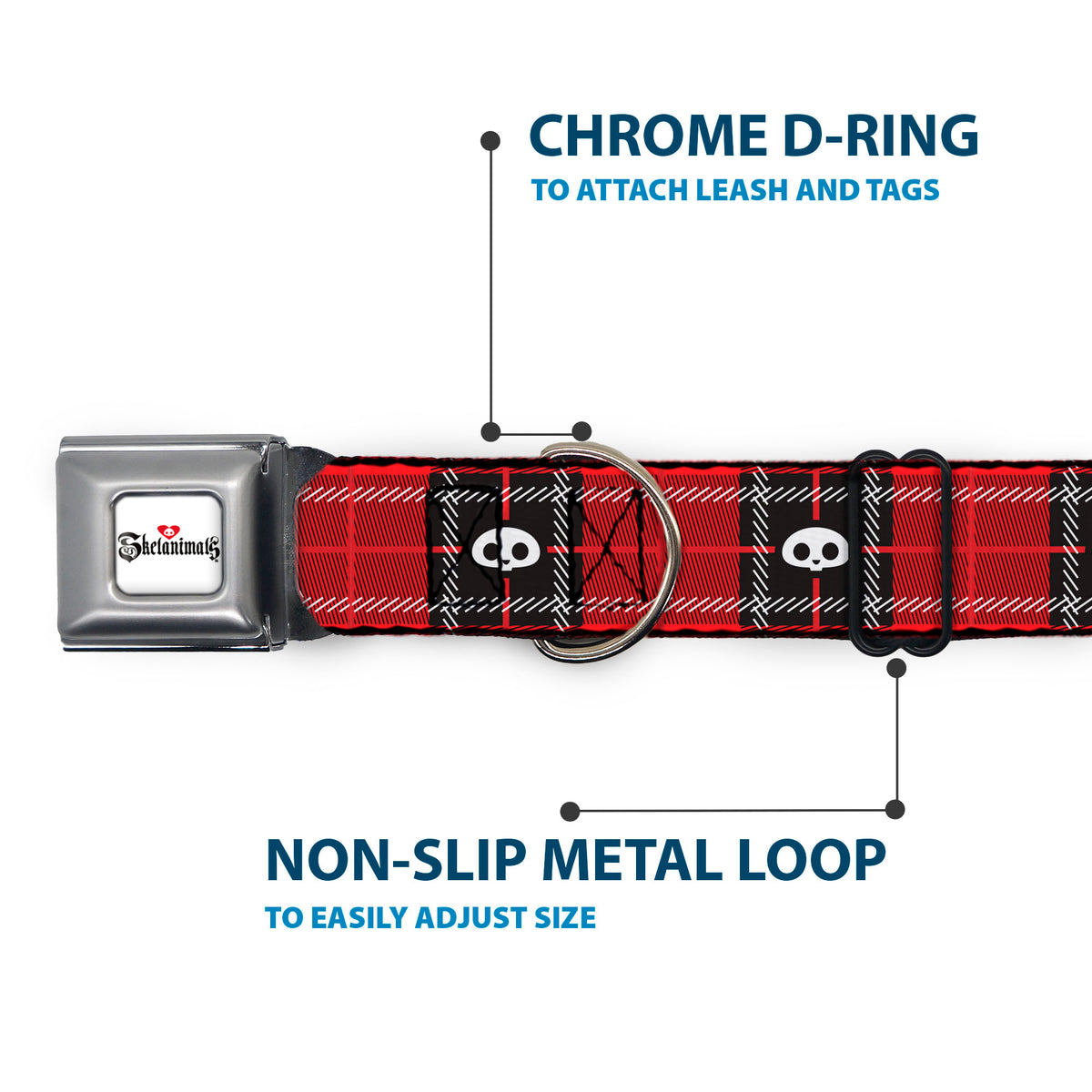 SKELANIMALS Title Logo Full Color White/Red/Black Seatbelt Buckle Collar - Skelanimals Face Logo Plaid Red/Black/White Seatbelt Buckle Collars Skelanimals