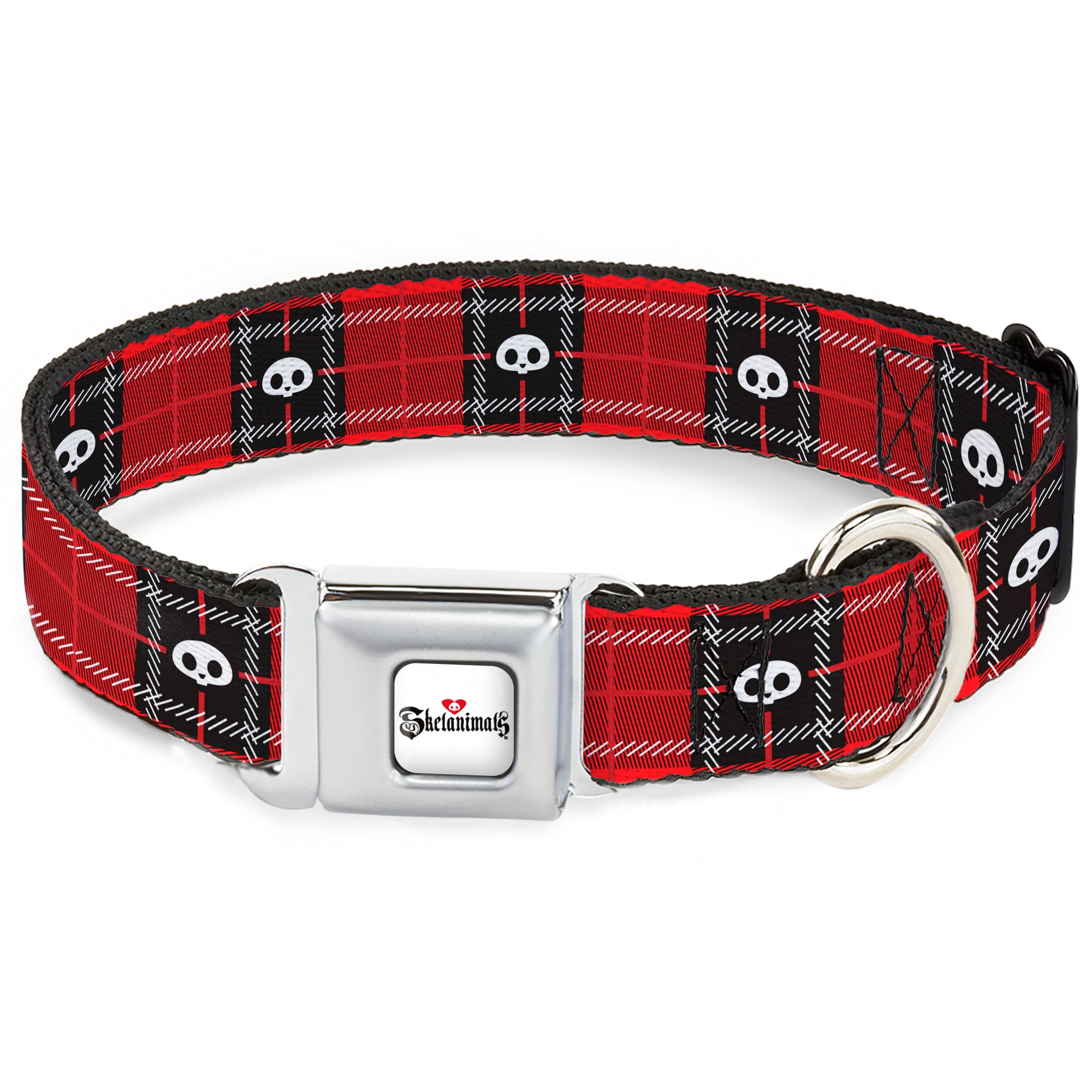 SKELANIMALS Title Logo Full Color White/Red/Black Seatbelt Buckle Collar - Skelanimals Face Logo Plaid Red/Black/White Seatbelt Buckle Collars Skelanimals