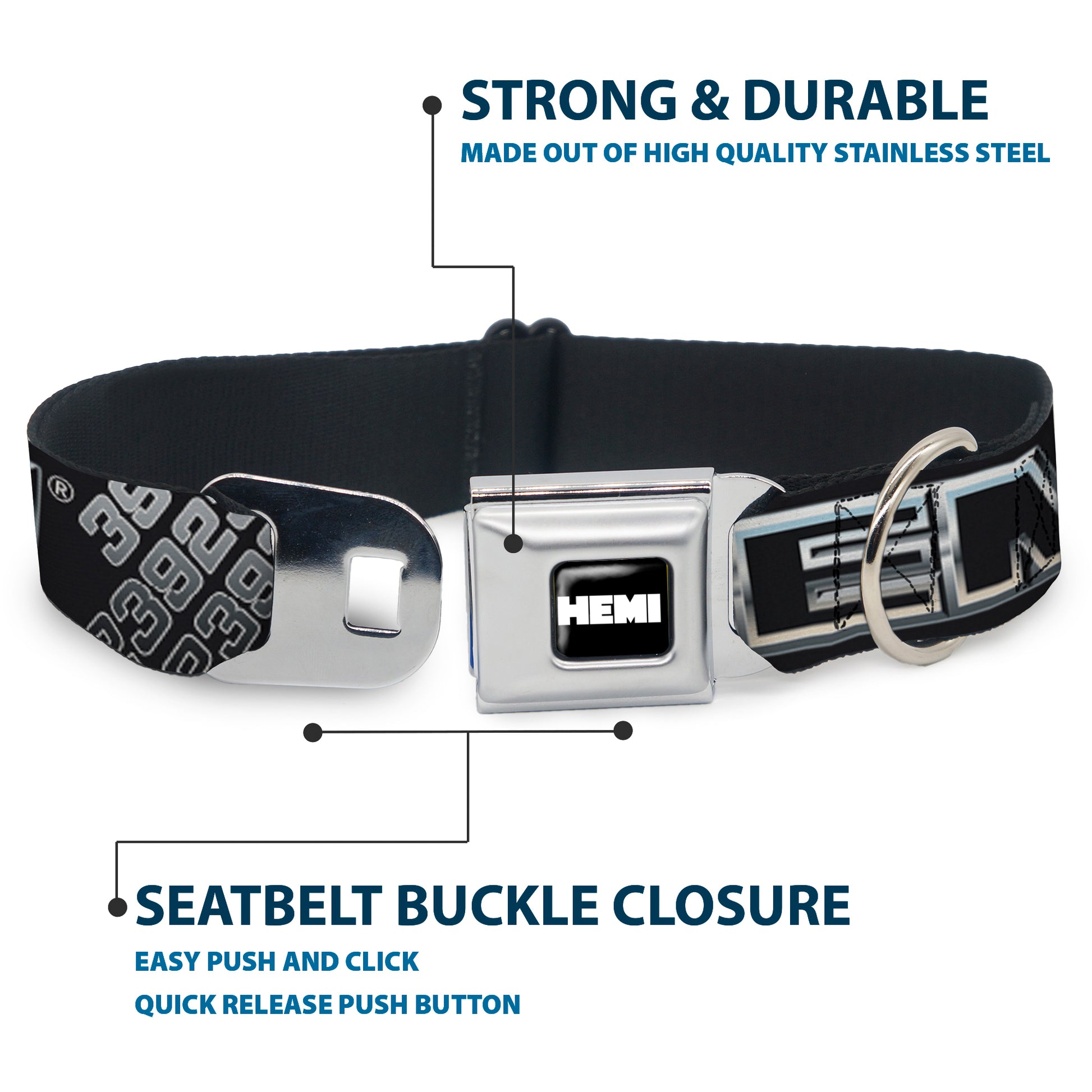 HEMI Bold Full Color Black/White Seatbelt Buckle Collar - HEMI Bold Outline 392/426 Black/Silver-Fade Seatbelt Buckle Collars Hemi