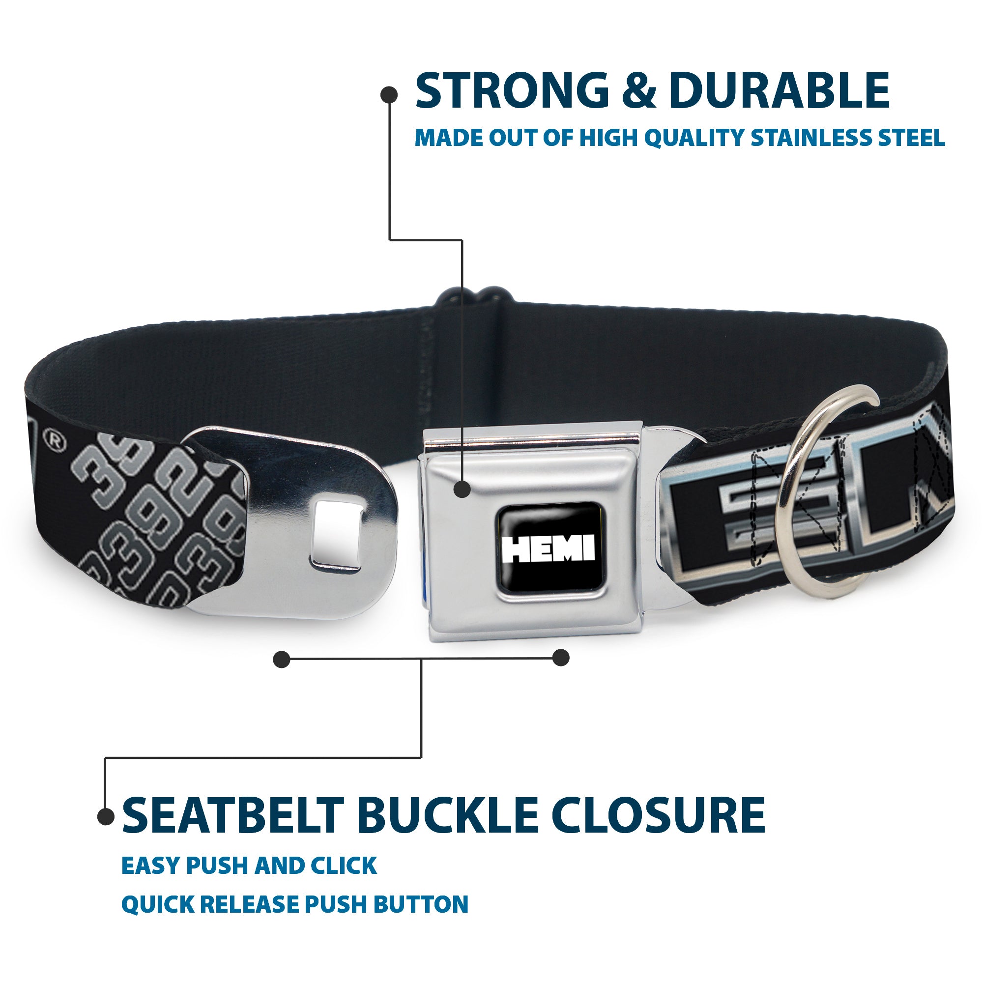 HEMI Bold Full Color Black/White Seatbelt Buckle Collar - HEMI Bold Outline 392/426 Black/Silver-Fade Seatbelt Buckle Collars Hemi