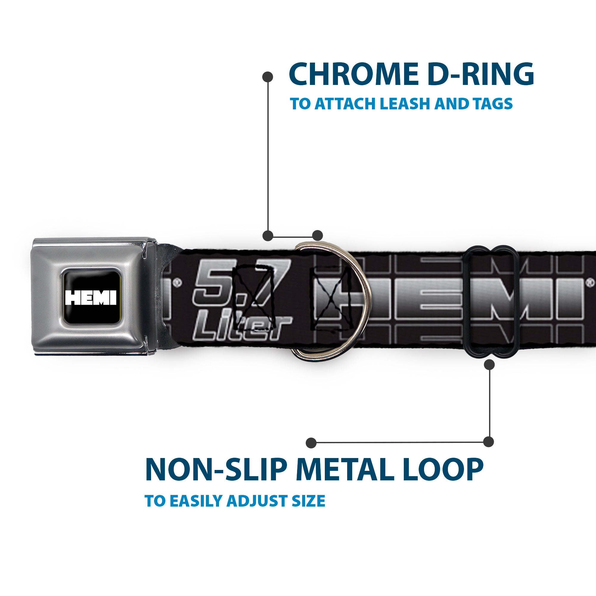 HEMI Bold Full Color Black White Seatbelt Buckle Collar - HEMI 5.7 LITER Black/White/Silver-Fade Seatbelt Buckle Collars Hemi