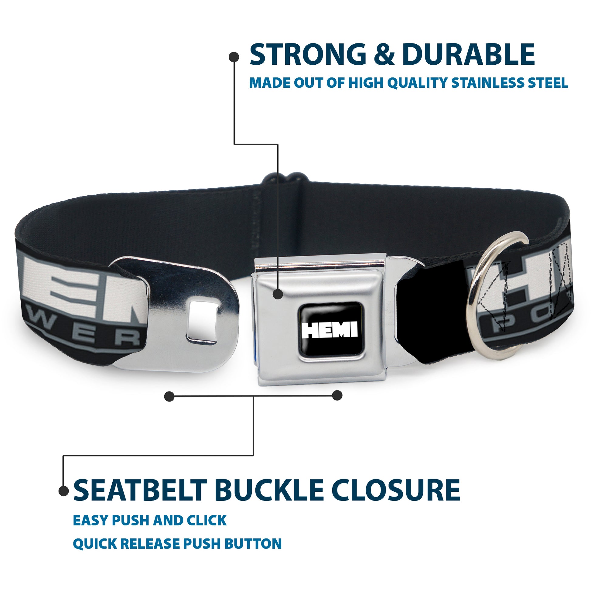 HEMI Bold Full Color Black/White Seatbelt Buckle Collar - HEMI POWERED Logo Black/Gray/White Seatbelt Buckle Collars Hemi