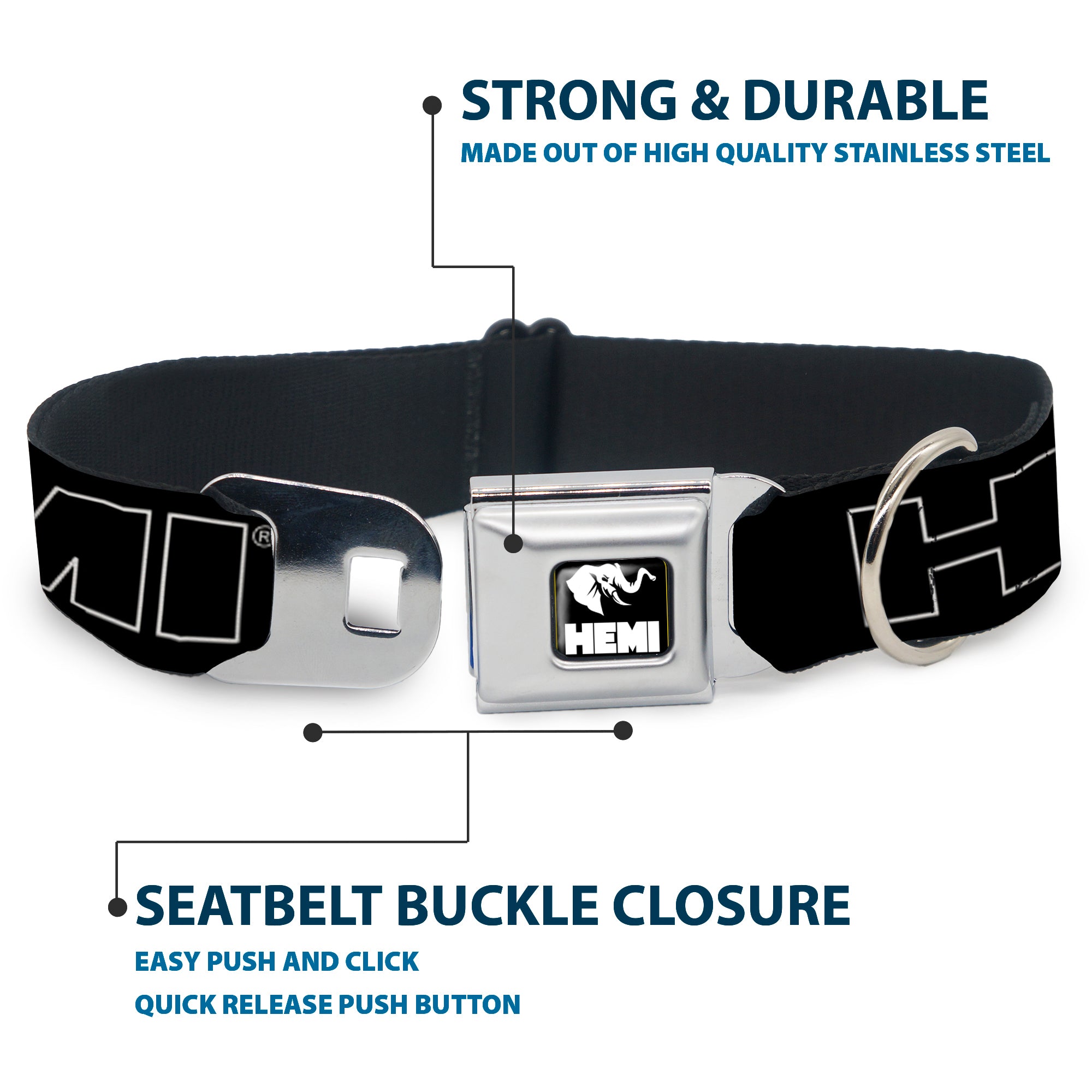 HEMI Elephant Logo Full Color Black White Seatbelt Buckle Collar - HEMI Bold Outline Black/White Seatbelt Buckle Collars Hemi