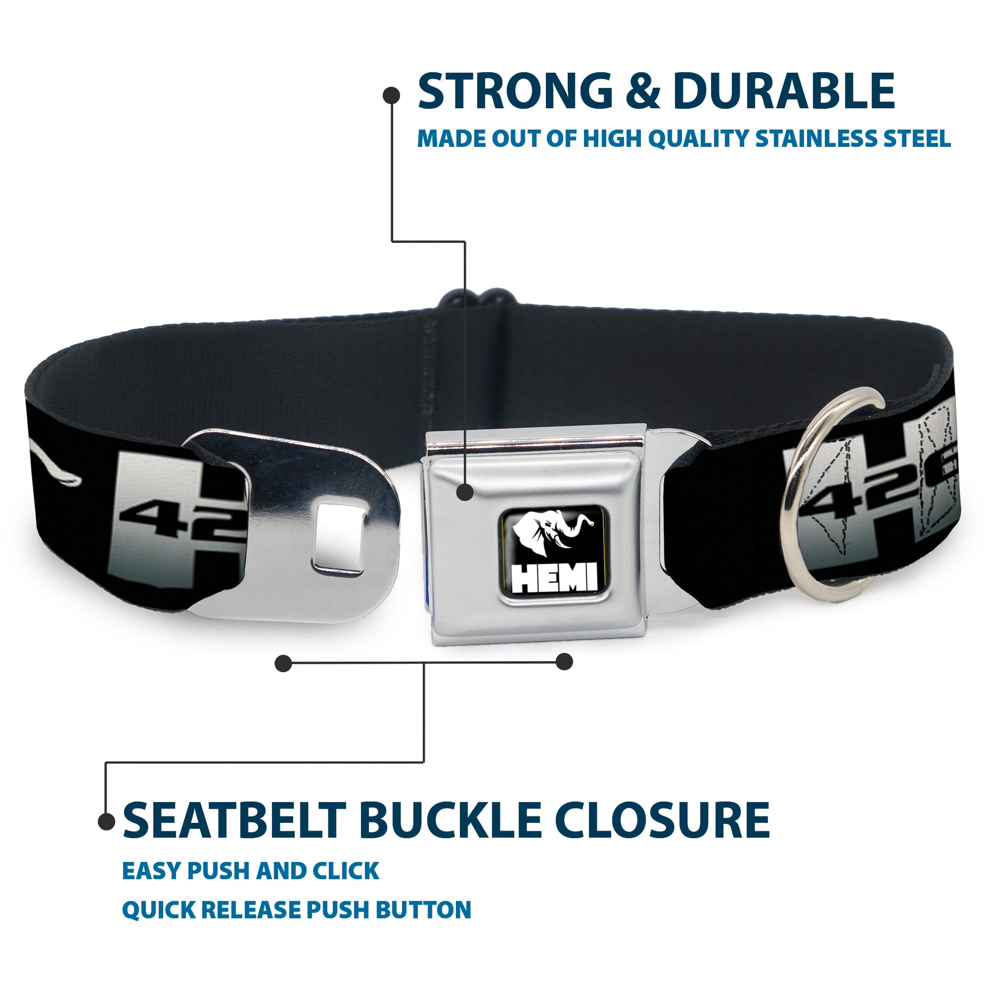 HEMI Elephant Logo Full Color Black/White Seatbelt Buckle Collar - HEMI 426/Elephant Logo 50 YEARS Black/White/Silver-Fade Seatbelt Buckle Collars Hemi
