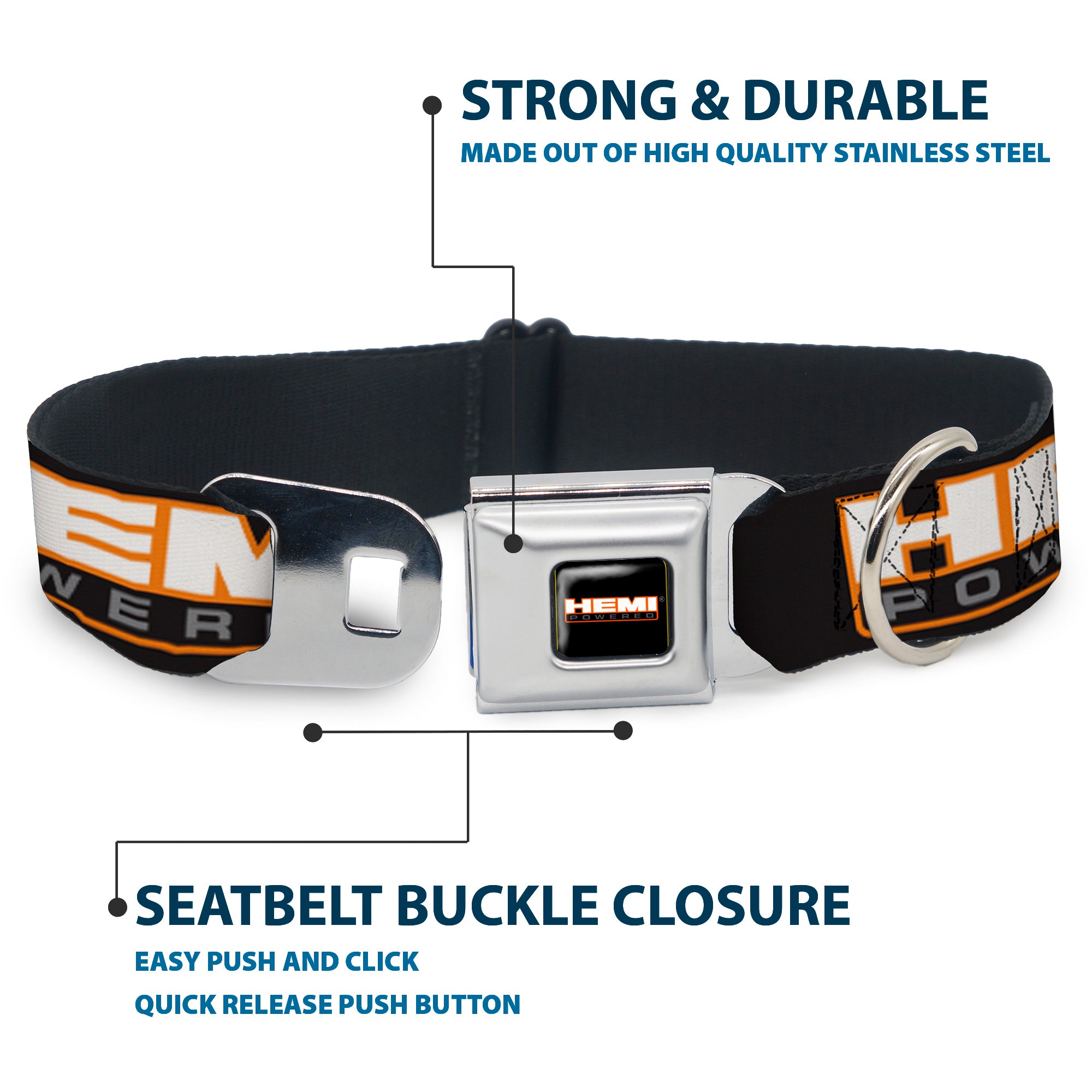 HEMI POWERED Logo Full Color Black/Orange/White/Gray Seatbelt Buckle Collar - HEMI POWERED Logo Repeat Black/Orange/White/Gray Seatbelt Buckle Collars Hemi