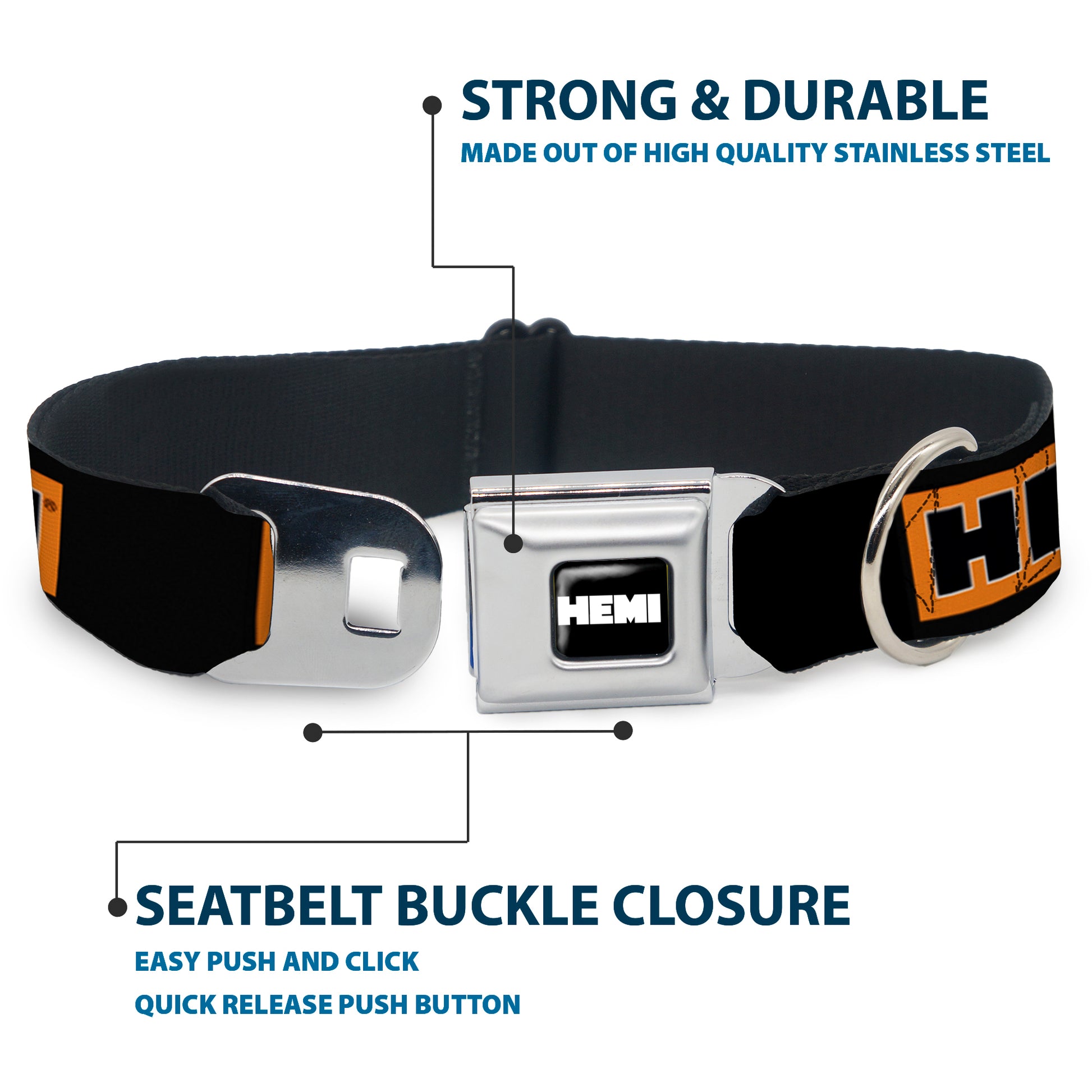 HEMI Bold Full Color Black/Orange/White/Black Seatbelt Buckle Collar - HEMI Bold Black/Orange/White/Black Seatbelt Buckle Collars Hemi