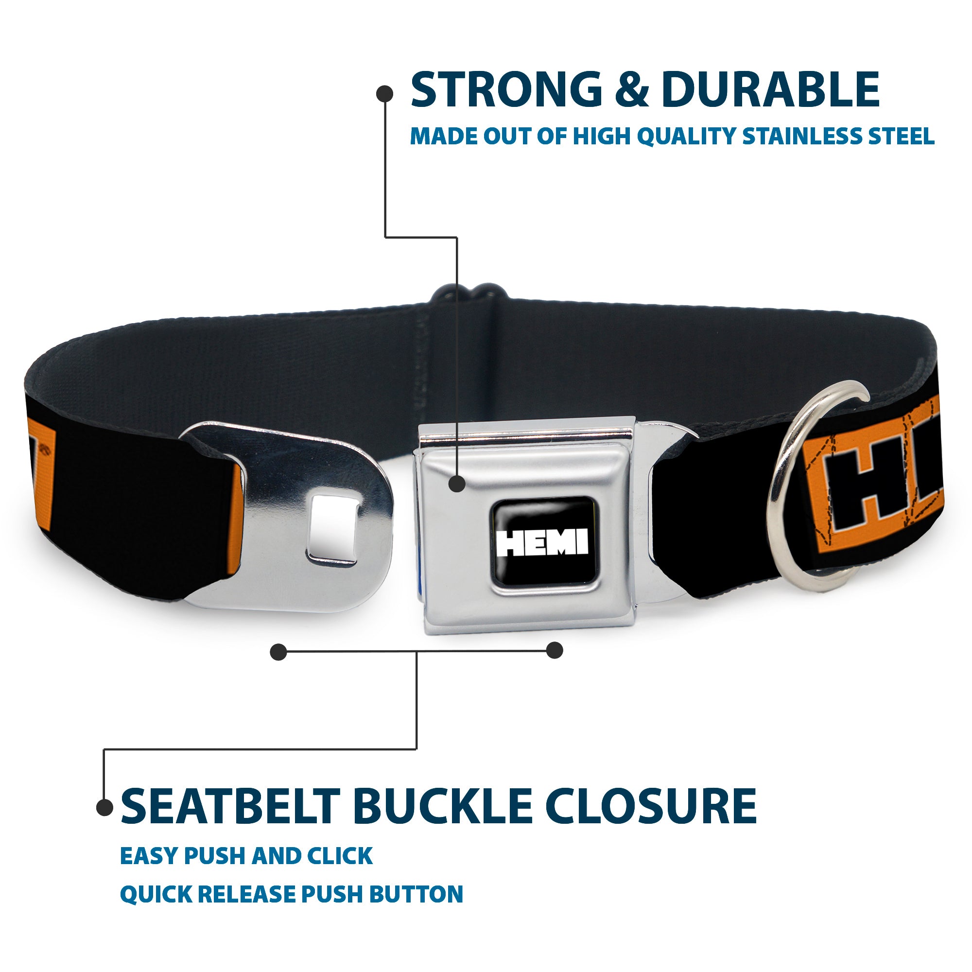 HEMI Bold Full Color Black/Orange/White/Black Seatbelt Buckle Collar - HEMI Bold Black/Orange/White/Black Seatbelt Buckle Collars Hemi