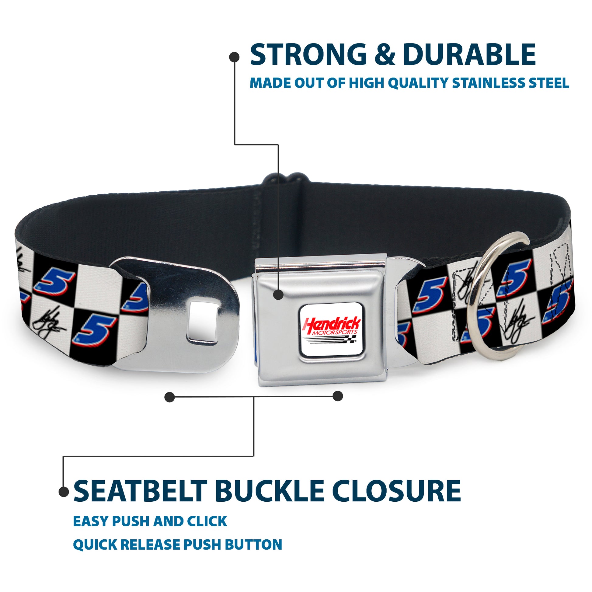HENDRICK MOTORSPORTS Checker Logo Full Color Red/White Seatbelt Buckle Collar - Kyle Larson Autograph and #5 Checker Logo Black/White/Blue/Red Seatbelt Buckle Collars Hendrick Motorsports