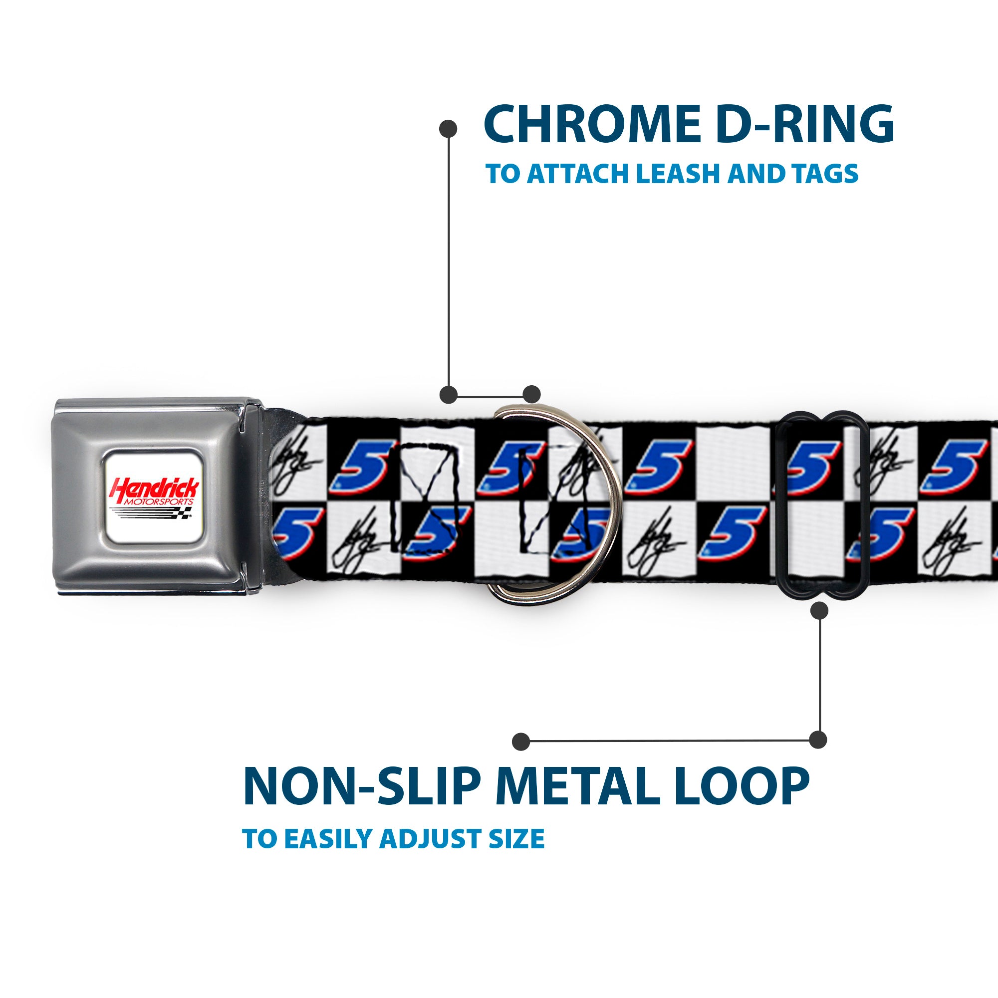 HENDRICK MOTORSPORTS Checker Logo Full Color Red/White Seatbelt Buckle Collar - Kyle Larson Autograph and #5 Checker Logo Black/White/Blue/Red Seatbelt Buckle Collars Hendrick Motorsports