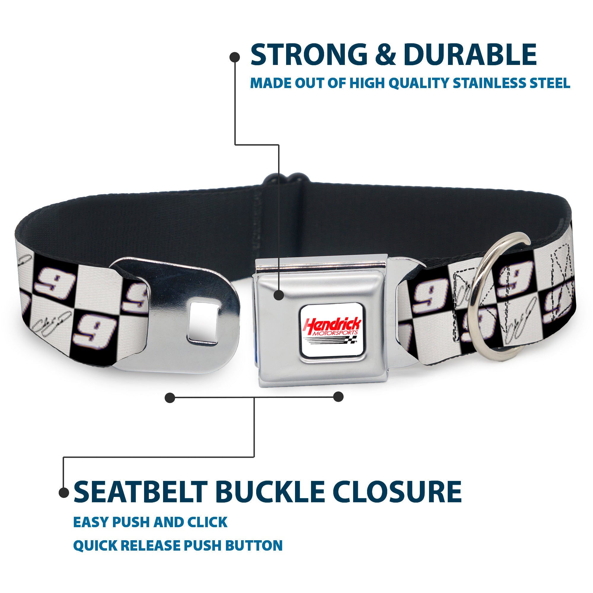 HENDRICK MOTORSPORTS Checker Logo Full Color Red/White Seatbelt Buckle Collar - Chase Elliott Autograph and #9 Checker Logo Black/White/Blue Seatbelt Buckle Collars Hendrick Motorsports