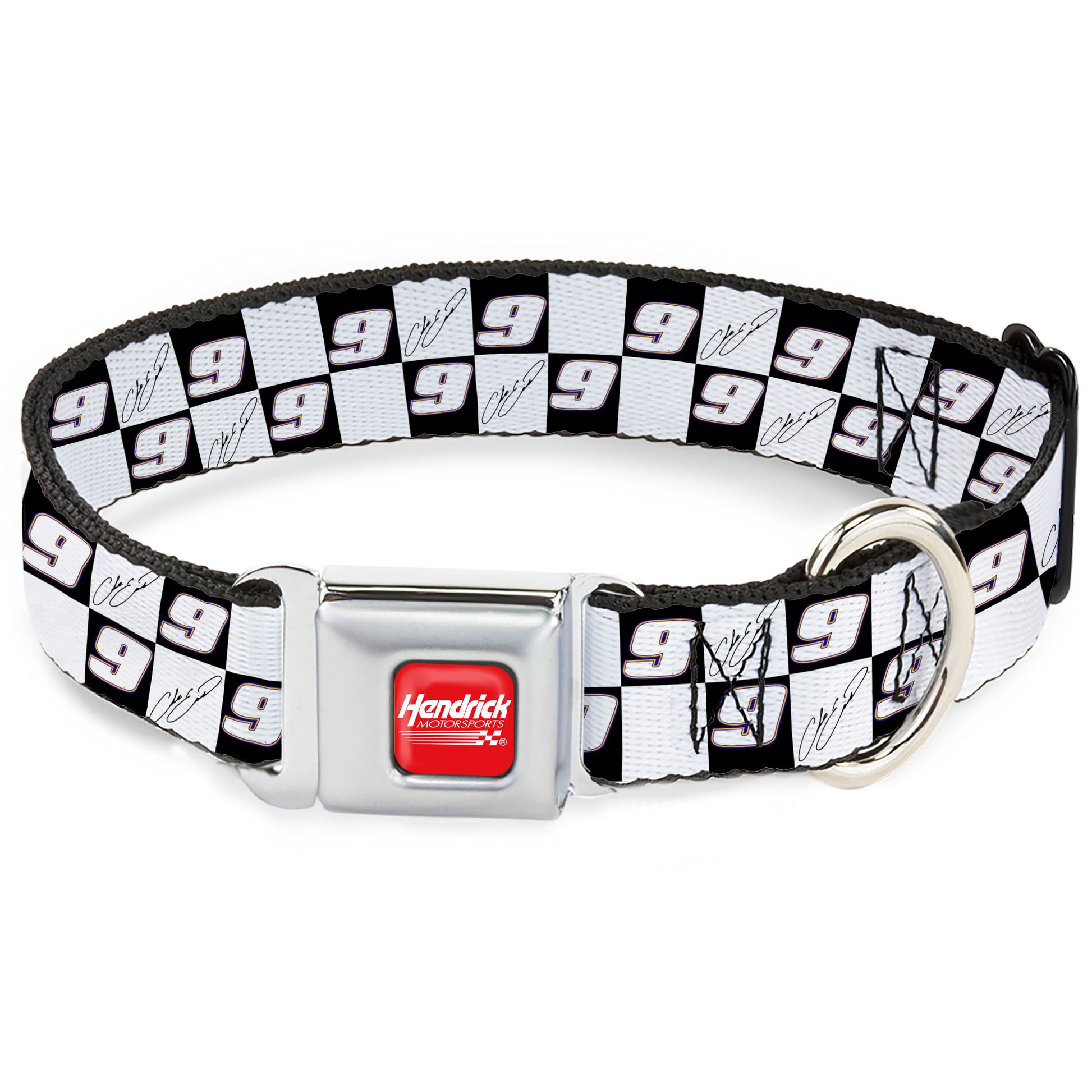 HENDRICK MOTORSPORTS Checker Logo Full Color Red/White Seatbelt Buckle Collar - Chase Elliott Autograph and #9 Checker Logo Black/White/Blue Seatbelt Buckle Collars Hendrick Motorsports
