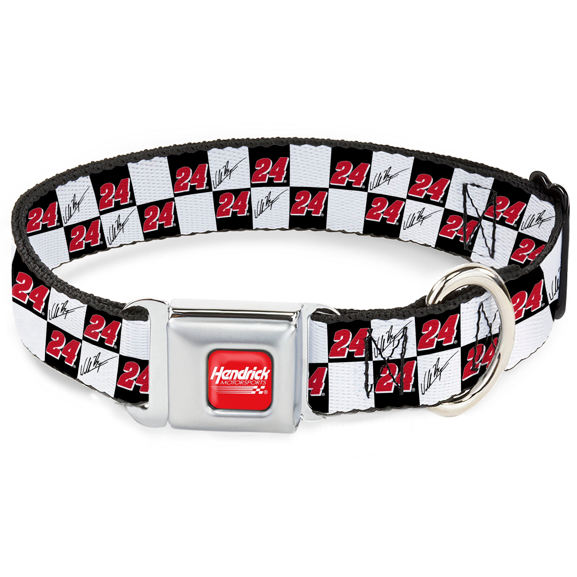 HENDRICK MOTORSPORTS Checker Logo Full Color Red/White Seatbelt Buckle Collar - William Byron Autograph and #24 Checker Logo Black/White/Red Seatbelt Buckle Collars Hendrick Motorsports